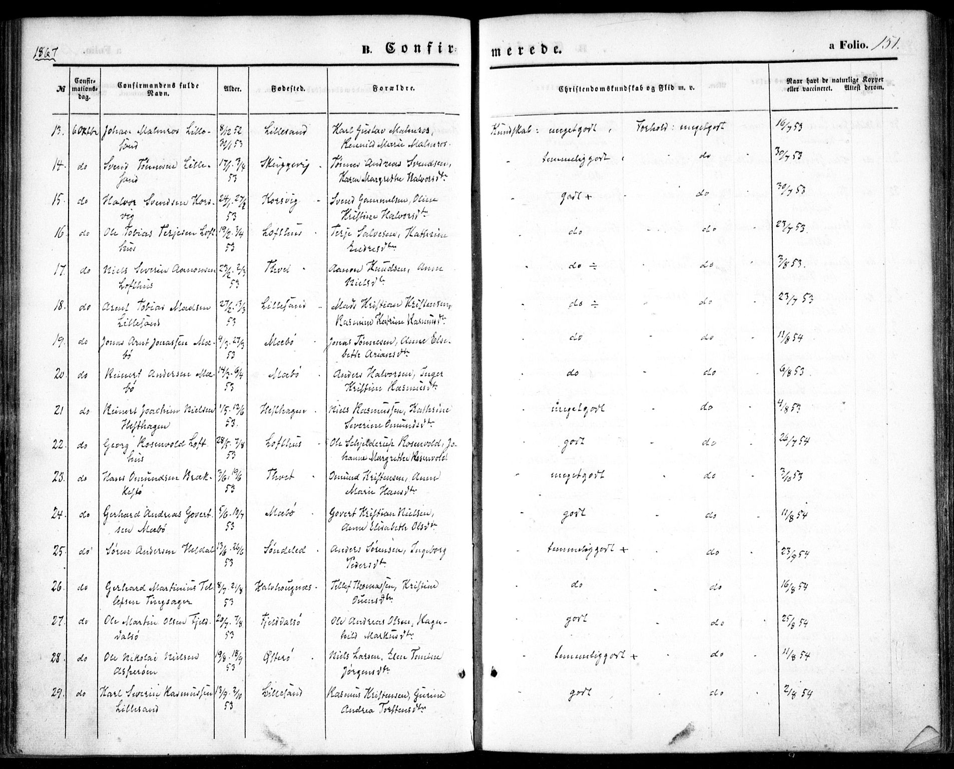 Vestre Moland sokneprestkontor, AV/SAK-1111-0046/F/Fa/Fab/L0007: Parish register (official) no. A 7, 1859-1872, p. 151