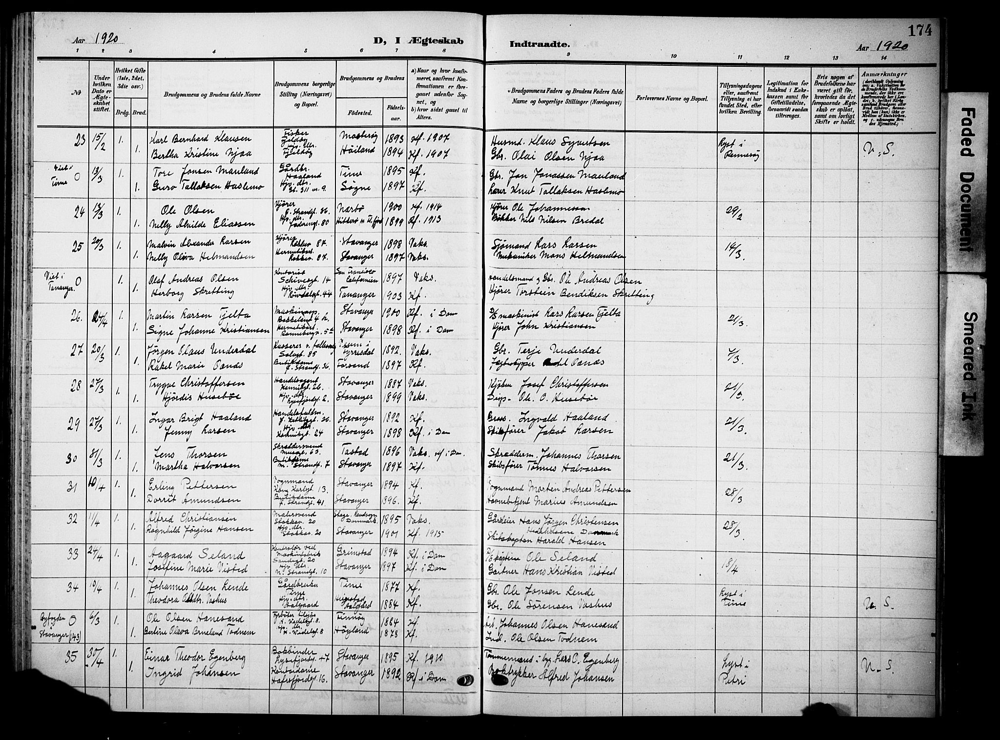 Domkirken sokneprestkontor, SAST/A-101812/001/30/30BB/L0017: Parish register (copy) no. B 17, 1902-1921, p. 174