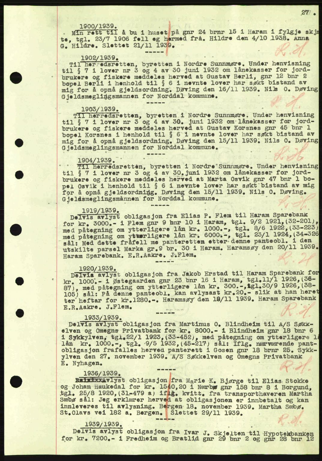 Nordre Sunnmøre sorenskriveri, AV/SAT-A-0006/1/2/2C/2Ca: Mortgage book no. B1-6, 1938-1942, Diary no: : 1900/1939