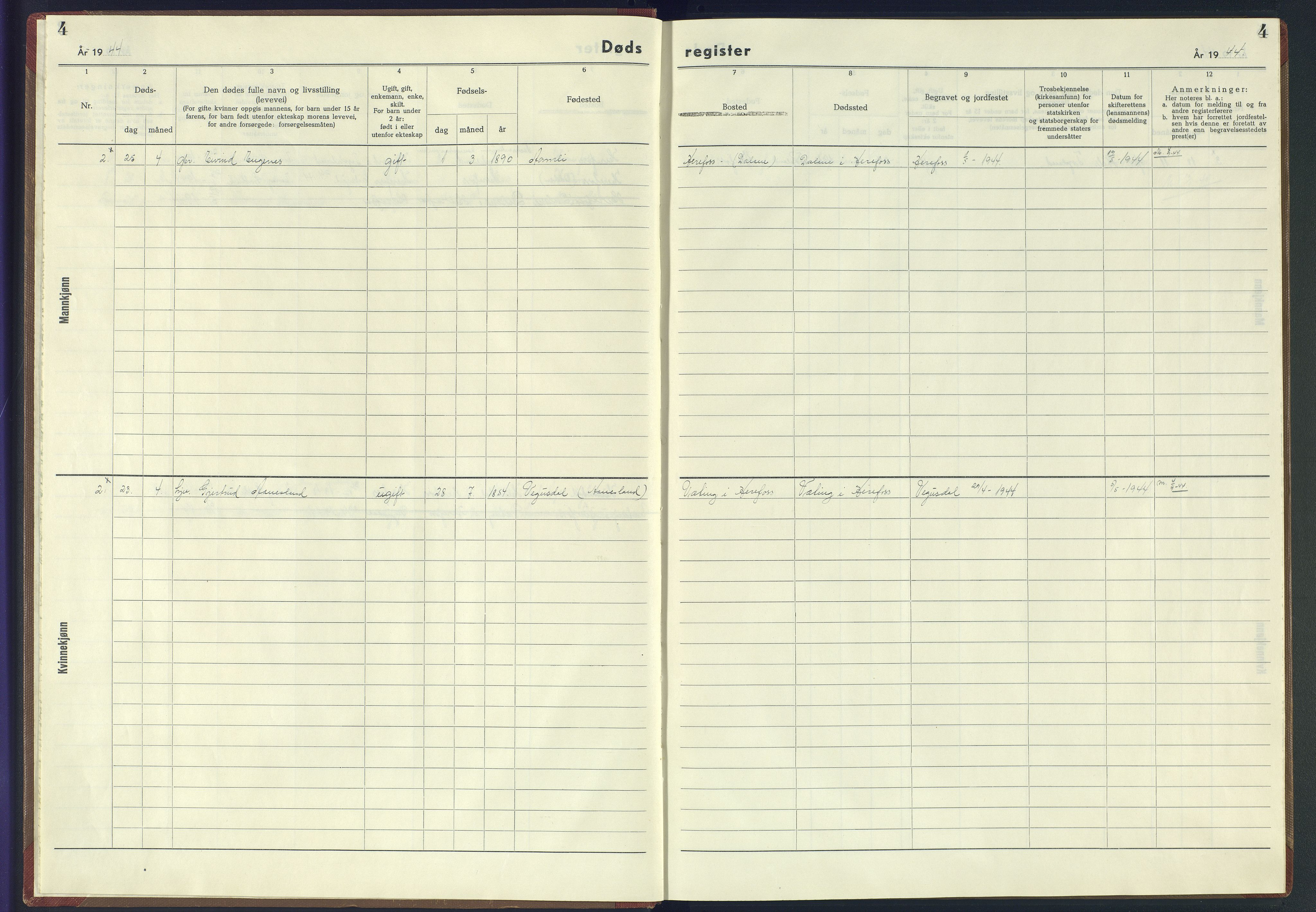 Herefoss sokneprestkontor, AV/SAK-1111-0019/J/Jb/L0007: II.6.7 - Dødsfallsregister Herefoss, 1942-1945, p. 4