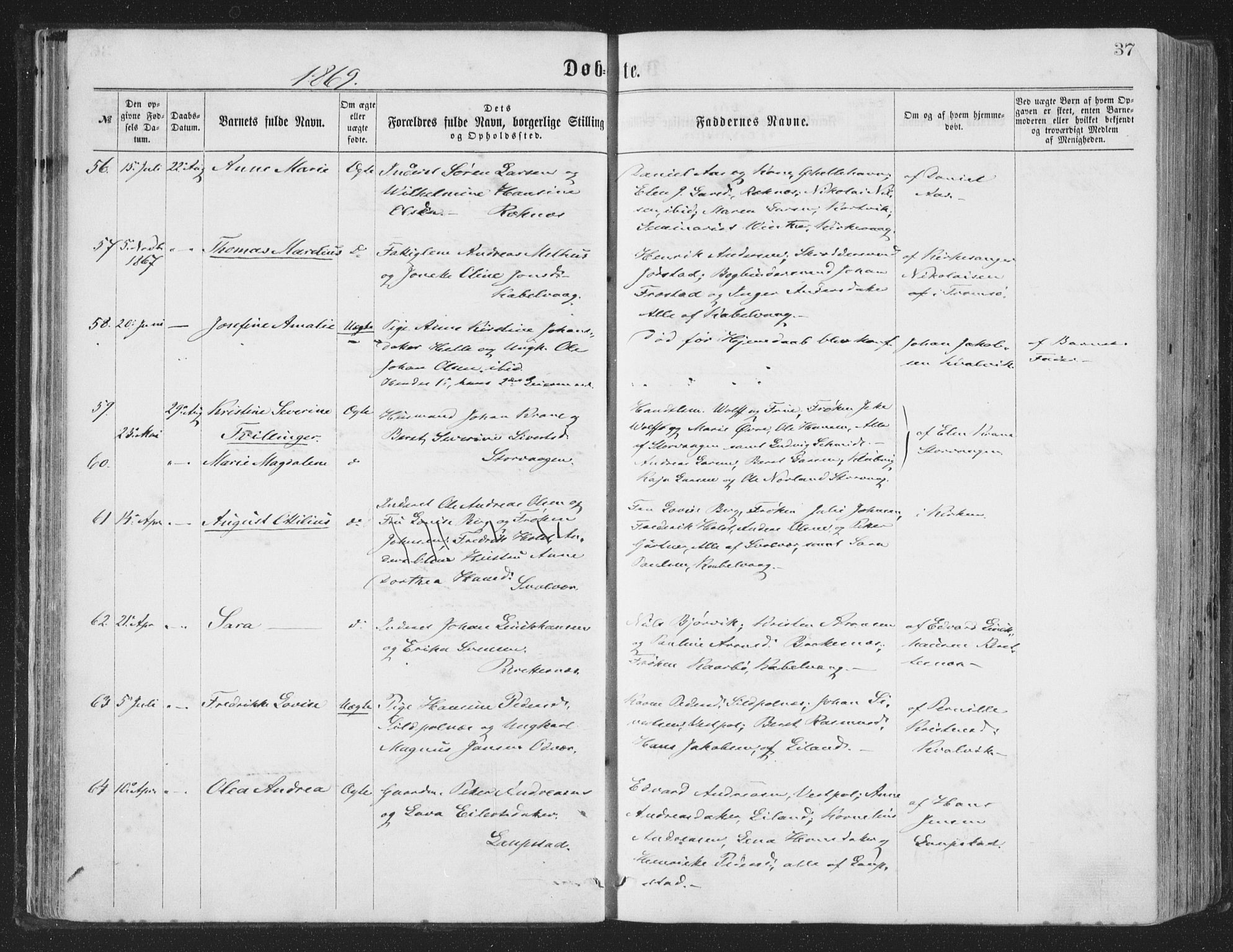 Ministerialprotokoller, klokkerbøker og fødselsregistre - Nordland, AV/SAT-A-1459/874/L1057: Parish register (official) no. 874A01, 1866-1877, p. 37