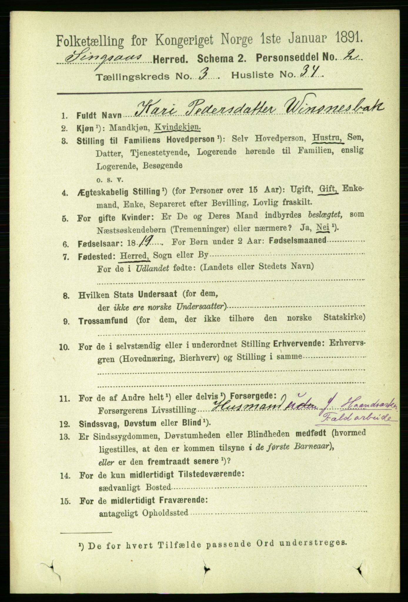 RA, 1891 census for 1646 Singsås, 1891, p. 805