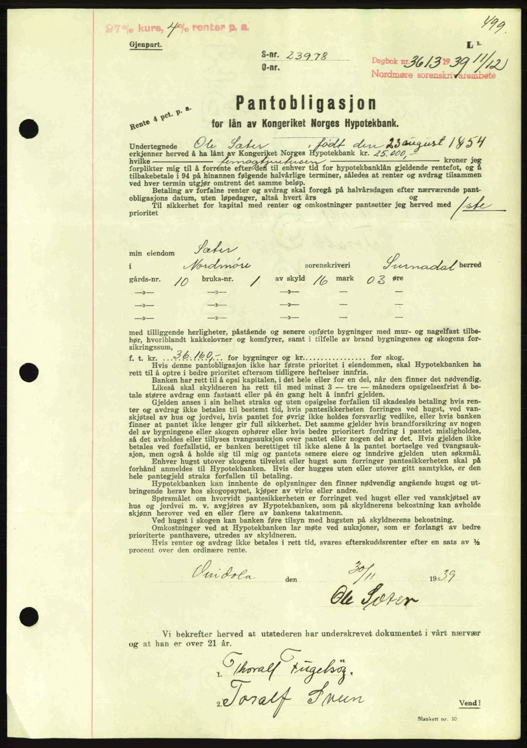 Nordmøre sorenskriveri, AV/SAT-A-4132/1/2/2Ca: Mortgage book no. B86, 1939-1940, Diary no: : 3613/1939