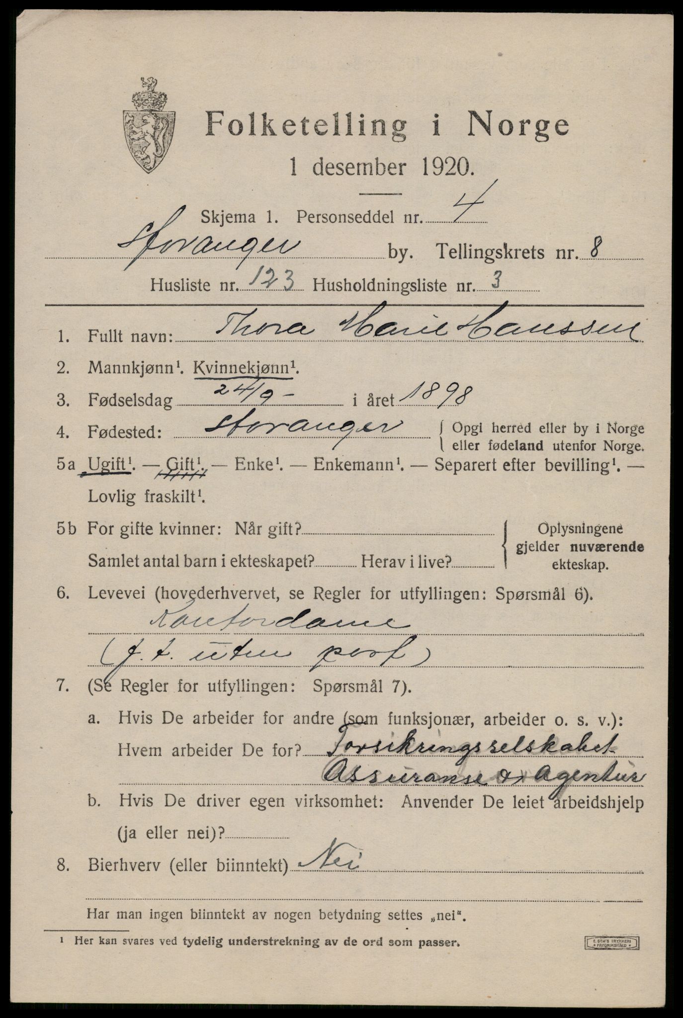 SAST, 1920 census for Stavanger, 1920, p. 49646