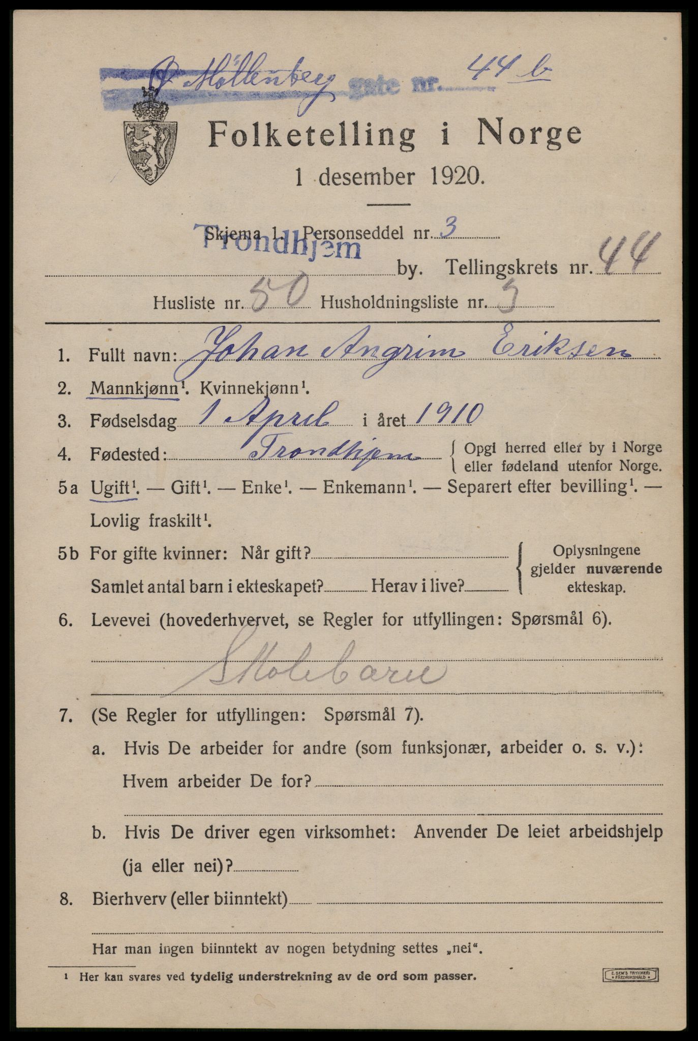 SAT, 1920 census for Trondheim, 1920, p. 96108