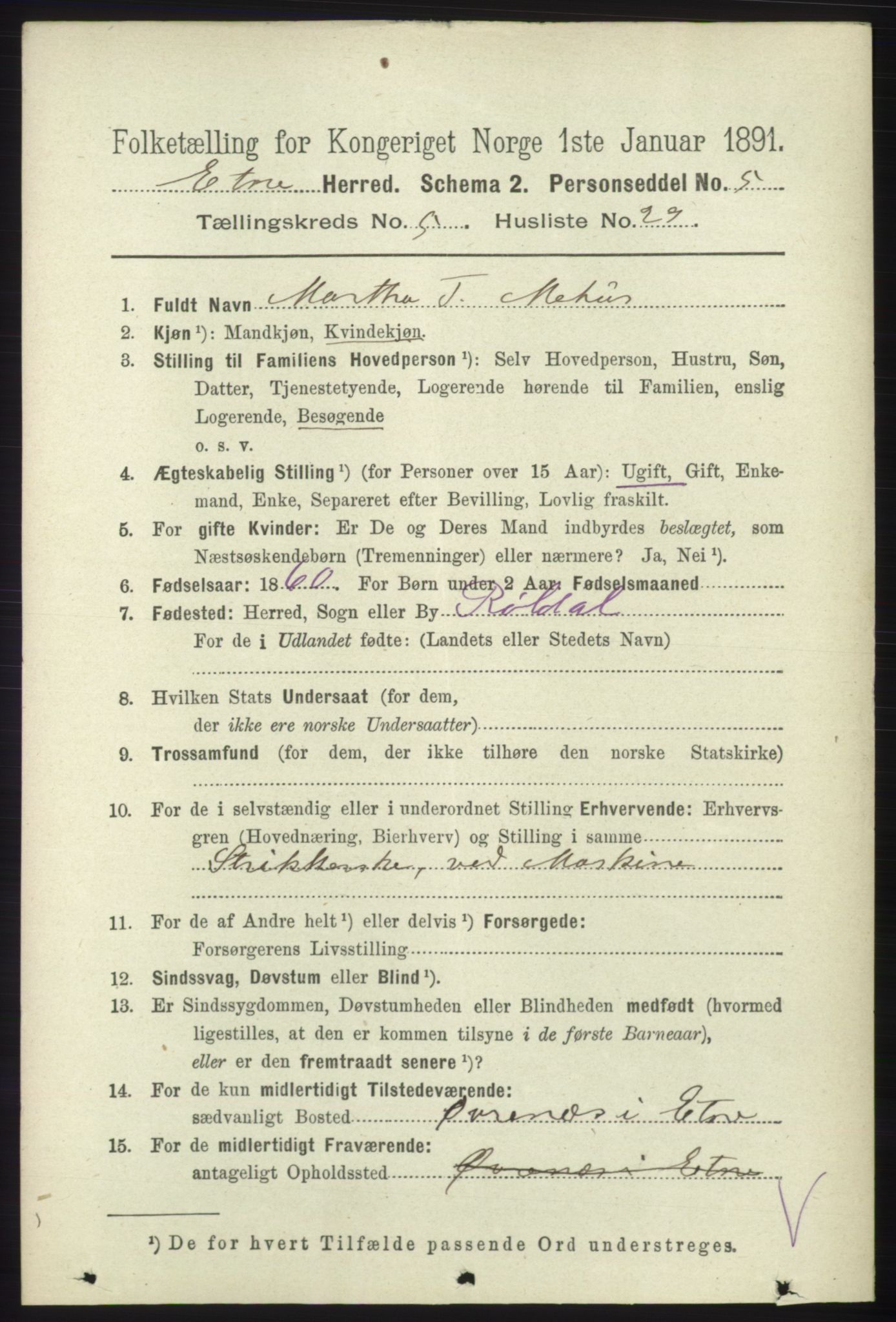 RA, 1891 census for 1211 Etne, 1891, p. 1179