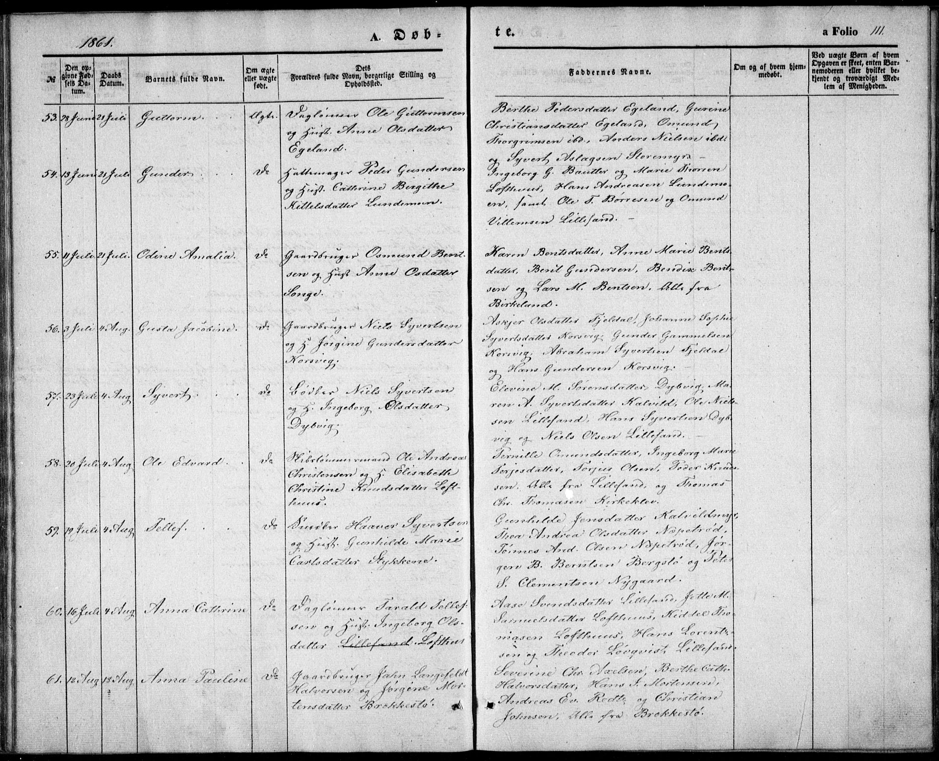 Vestre Moland sokneprestkontor, SAK/1111-0046/F/Fb/Fbb/L0003: Parish register (copy) no. B 3, 1851-1861, p. 111