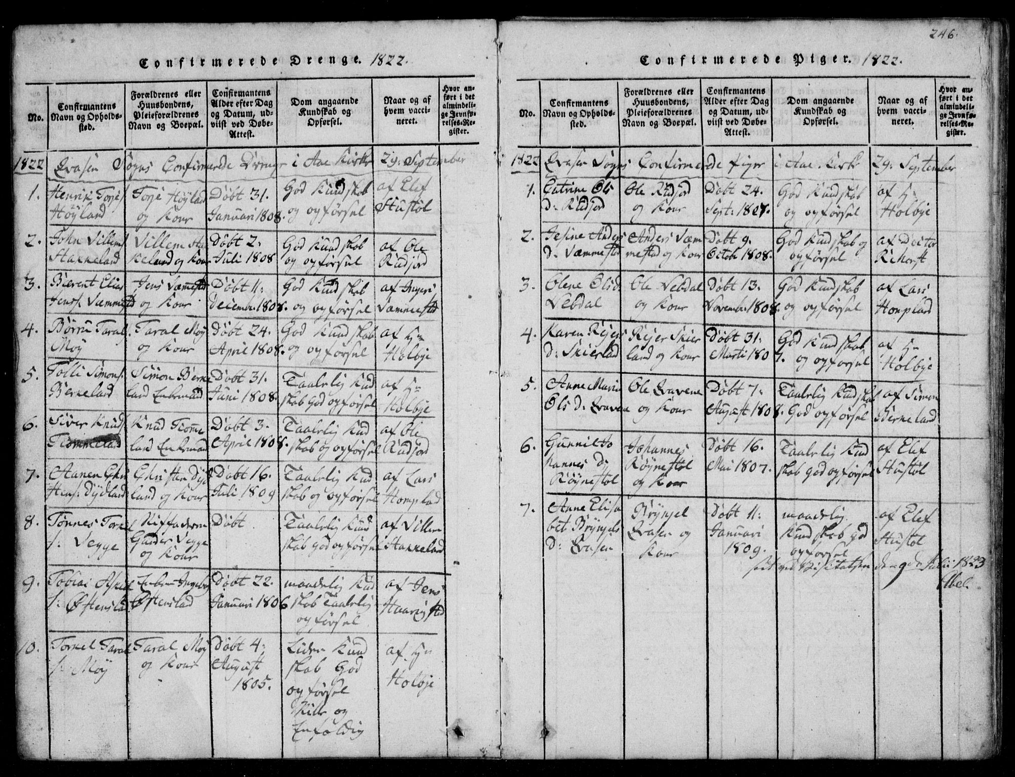 Lyngdal sokneprestkontor, AV/SAK-1111-0029/F/Fb/Fbb/L0001: Parish register (copy) no. B 1, 1816-1900, p. 246