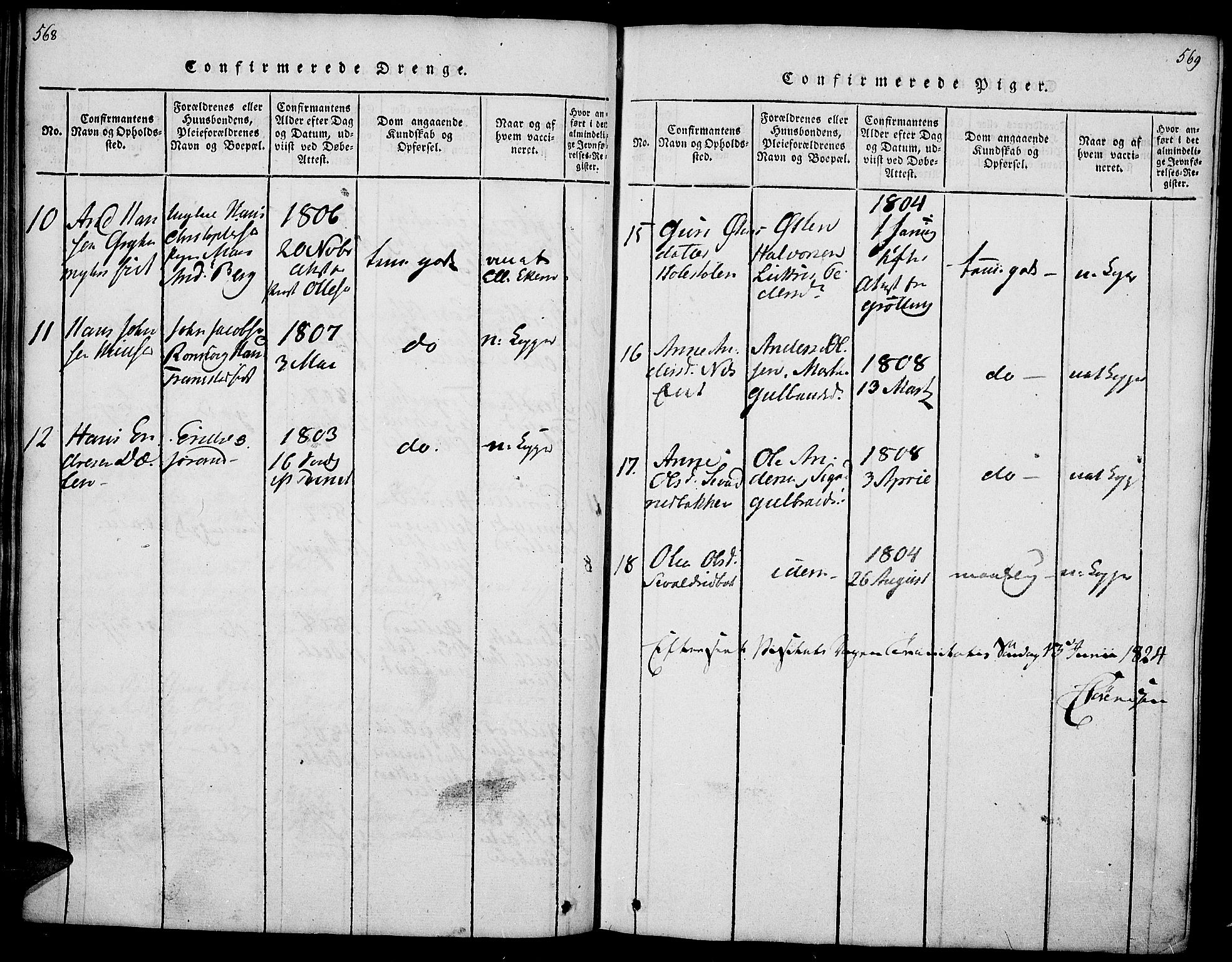 Gran prestekontor, SAH/PREST-112/H/Ha/Haa/L0009: Parish register (official) no. 9, 1815-1824, p. 568-569