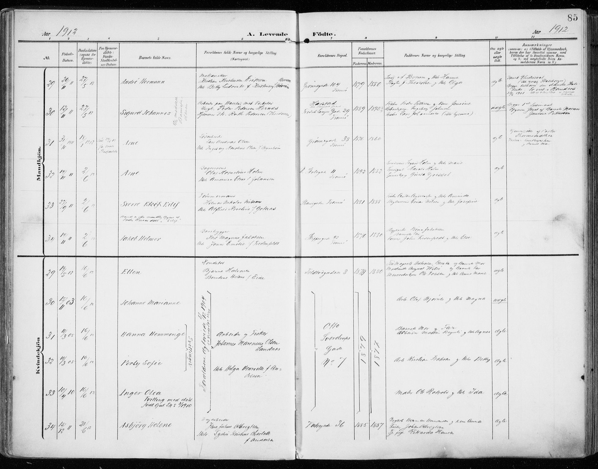 Tromsø sokneprestkontor/stiftsprosti/domprosti, AV/SATØ-S-1343/G/Ga/L0017kirke: Parish register (official) no. 17, 1907-1917, p. 85