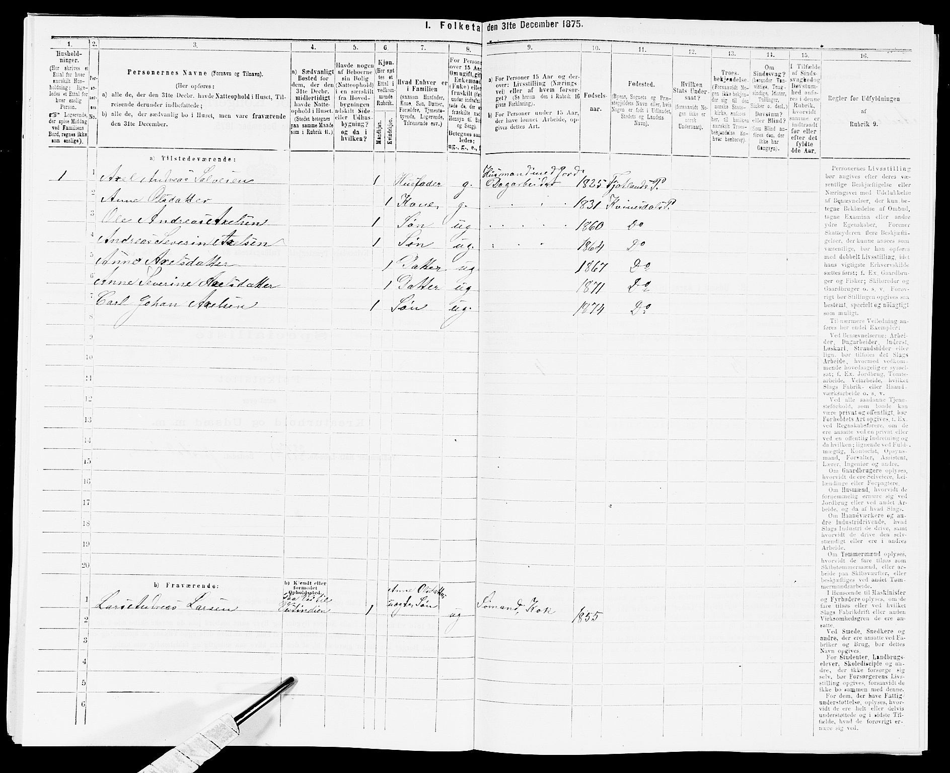 SAK, 1875 census for 1037P Kvinesdal, 1875, p. 346