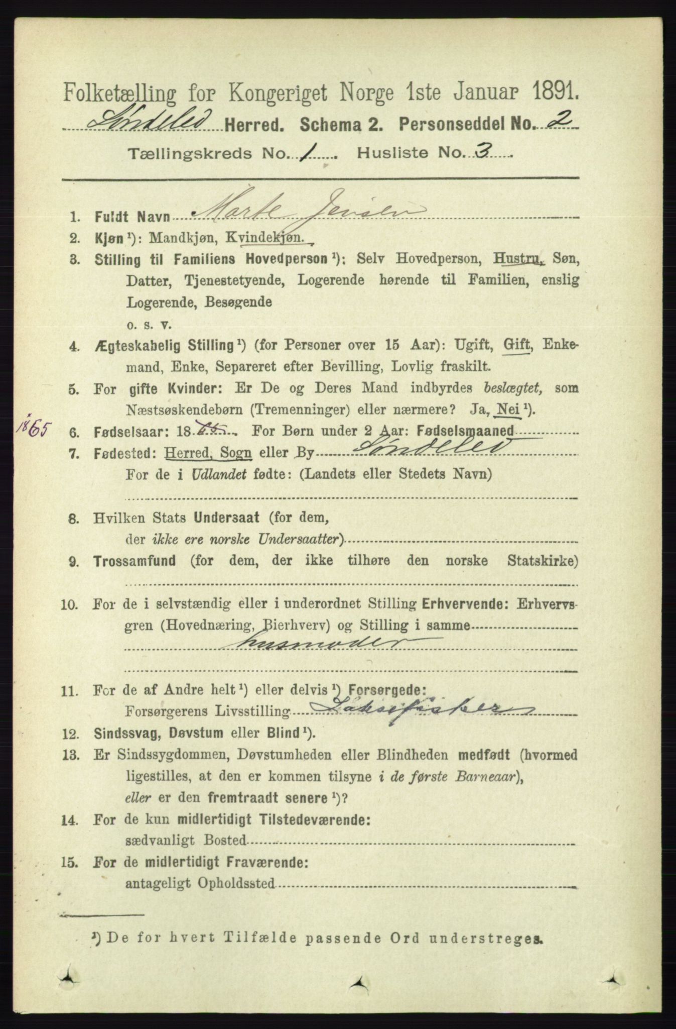 RA, 1891 census for 0913 Søndeled, 1891, p. 97