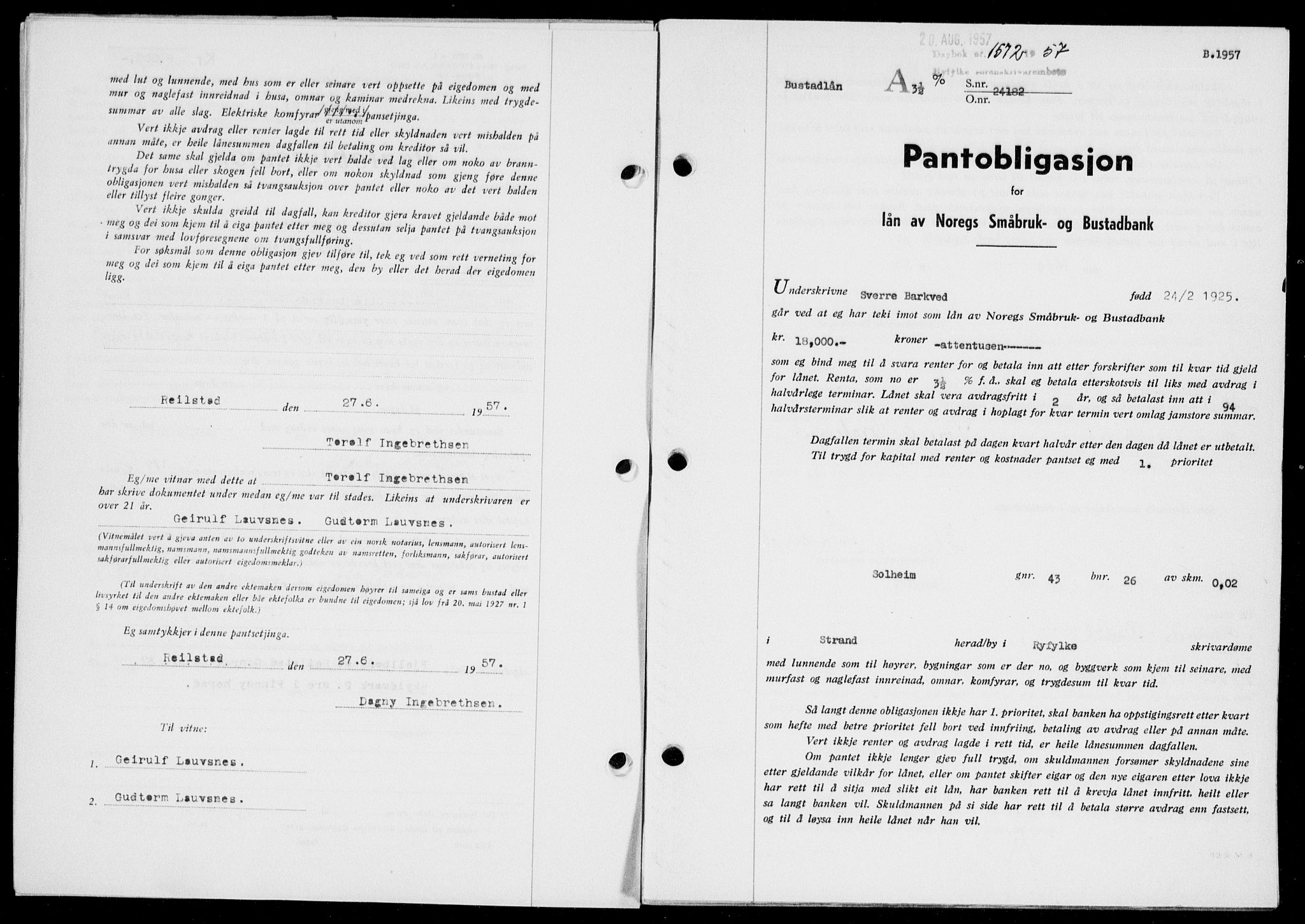 Ryfylke tingrett, SAST/A-100055/001/II/IIB/L0138: Mortgage book no. 117, 1957-1957, Diary no: : 1572/1957