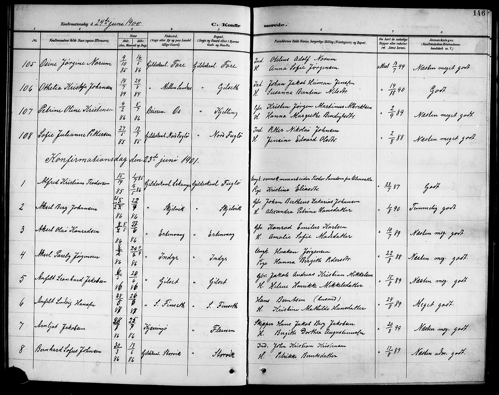 Ministerialprotokoller, klokkerbøker og fødselsregistre - Nordland, AV/SAT-A-1459/805/L0109: Parish register (copy) no. 805C05, 1900-1911, p. 146