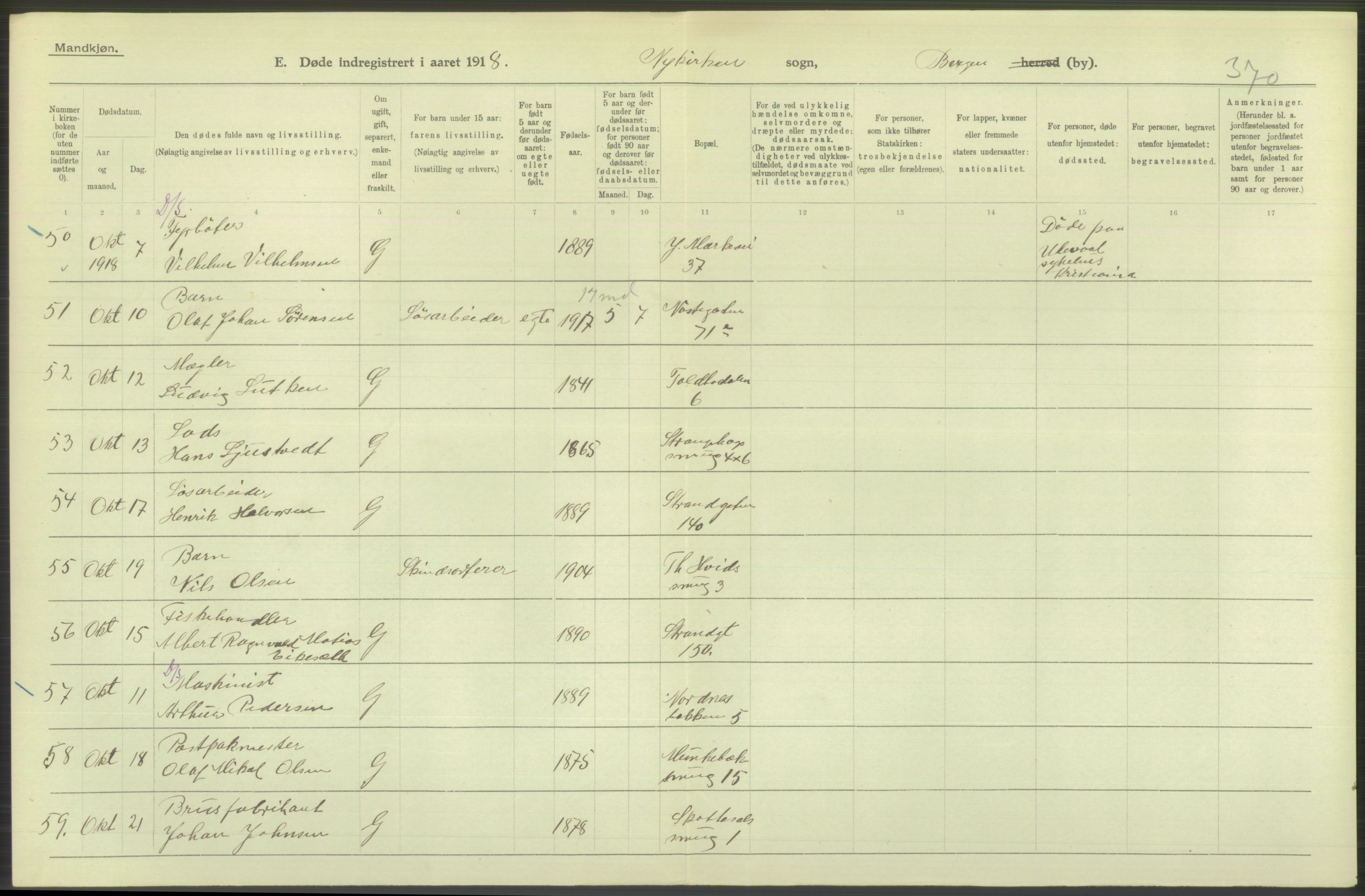 Statistisk sentralbyrå, Sosiodemografiske emner, Befolkning, AV/RA-S-2228/D/Df/Dfb/Dfbh/L0039: Bergen: Døde., 1918, p. 86