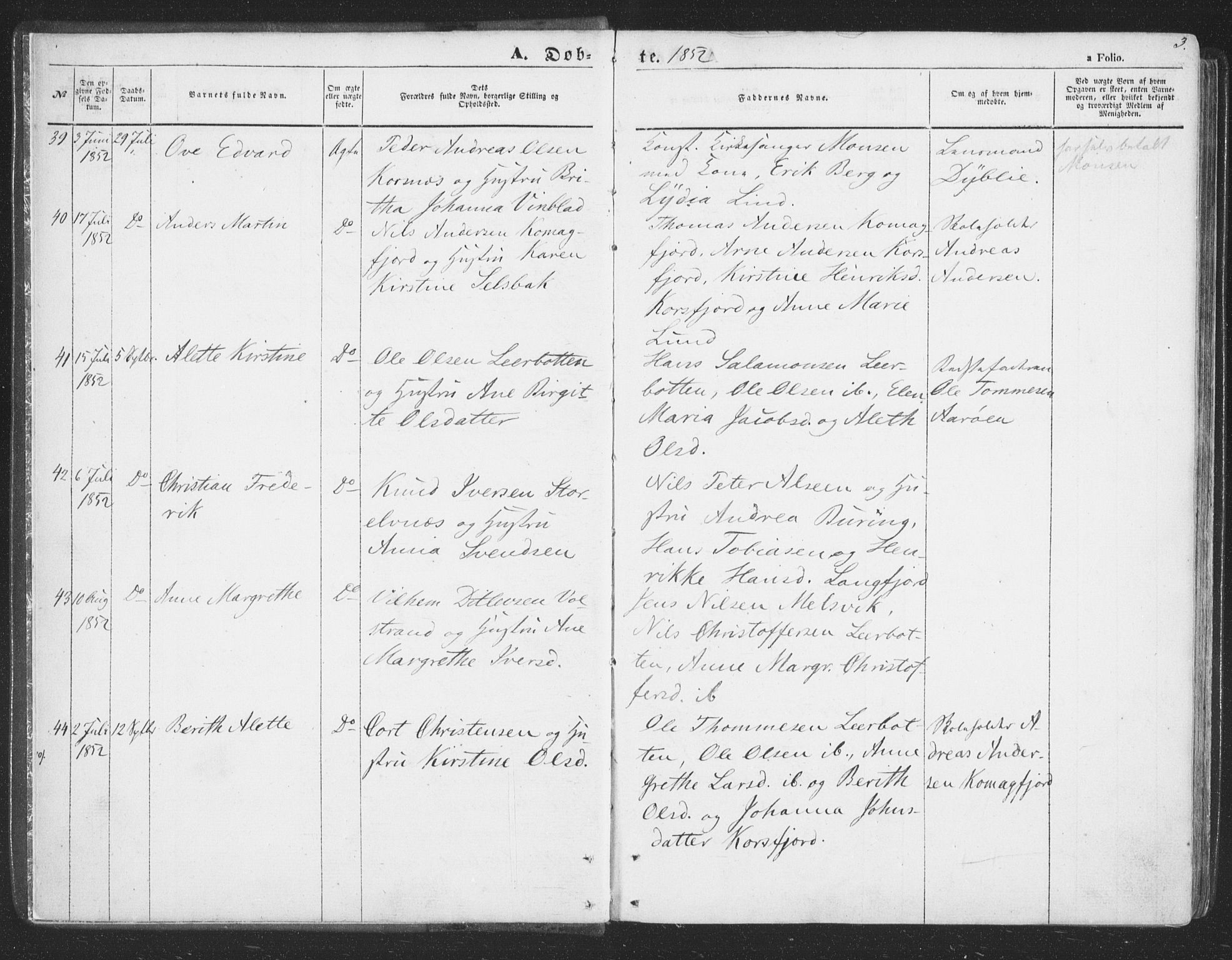 Talvik sokneprestkontor, SATØ/S-1337/H/Ha/L0010kirke: Parish register (official) no. 10, 1852-1864, p. 3