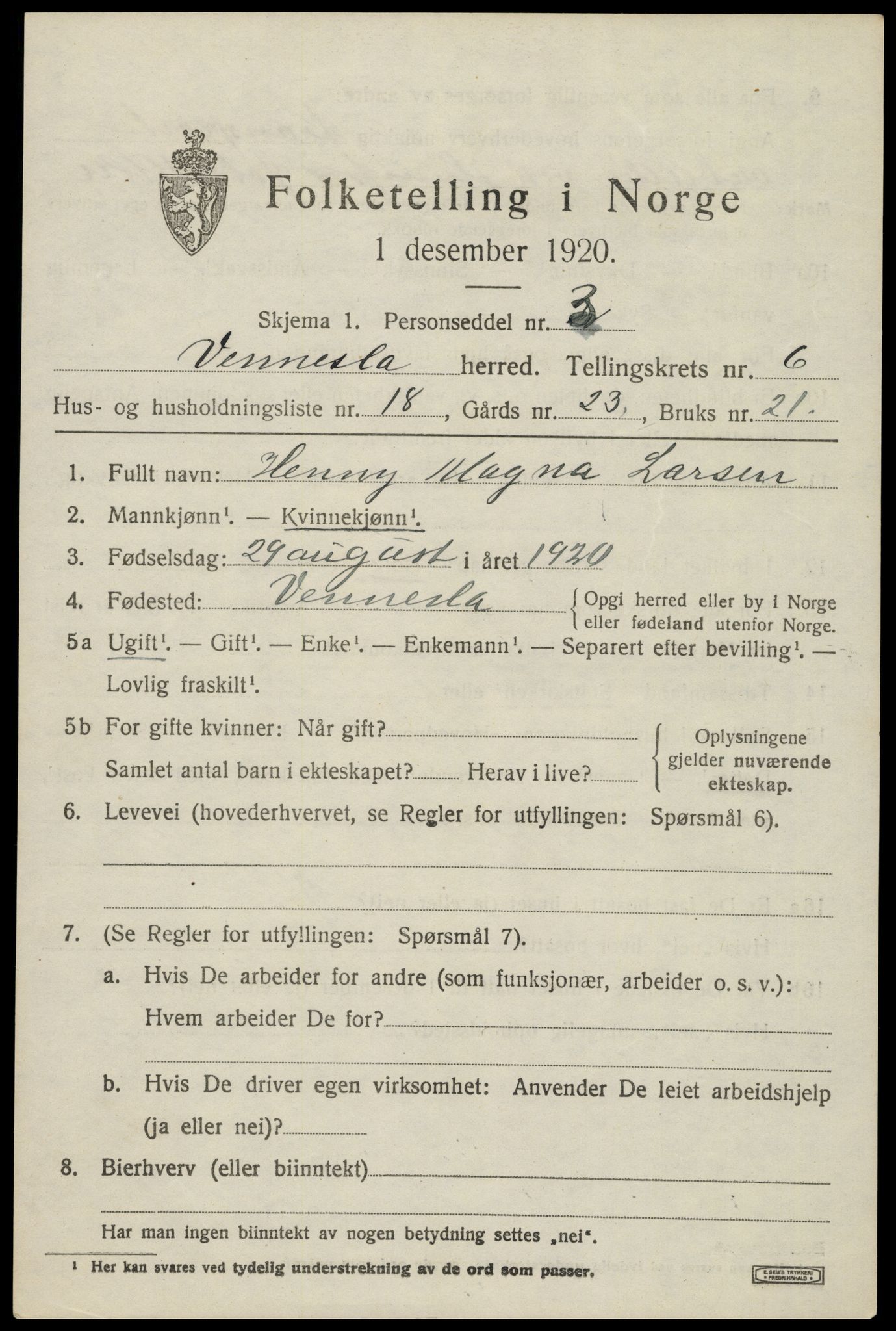 SAK, 1920 census for Vennesla, 1920, p. 4532