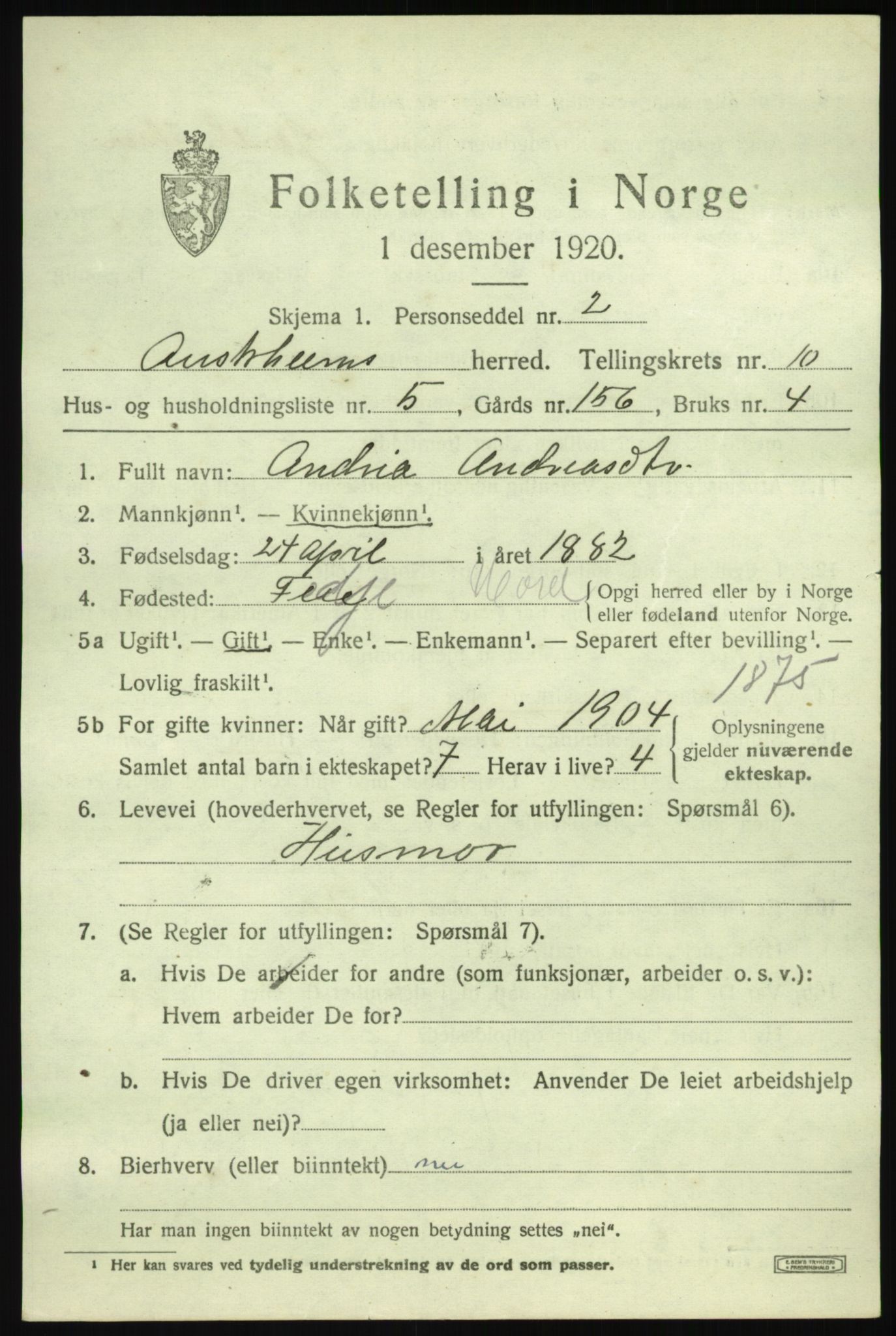 SAB, 1920 census for Austrheim, 1920, p. 3534