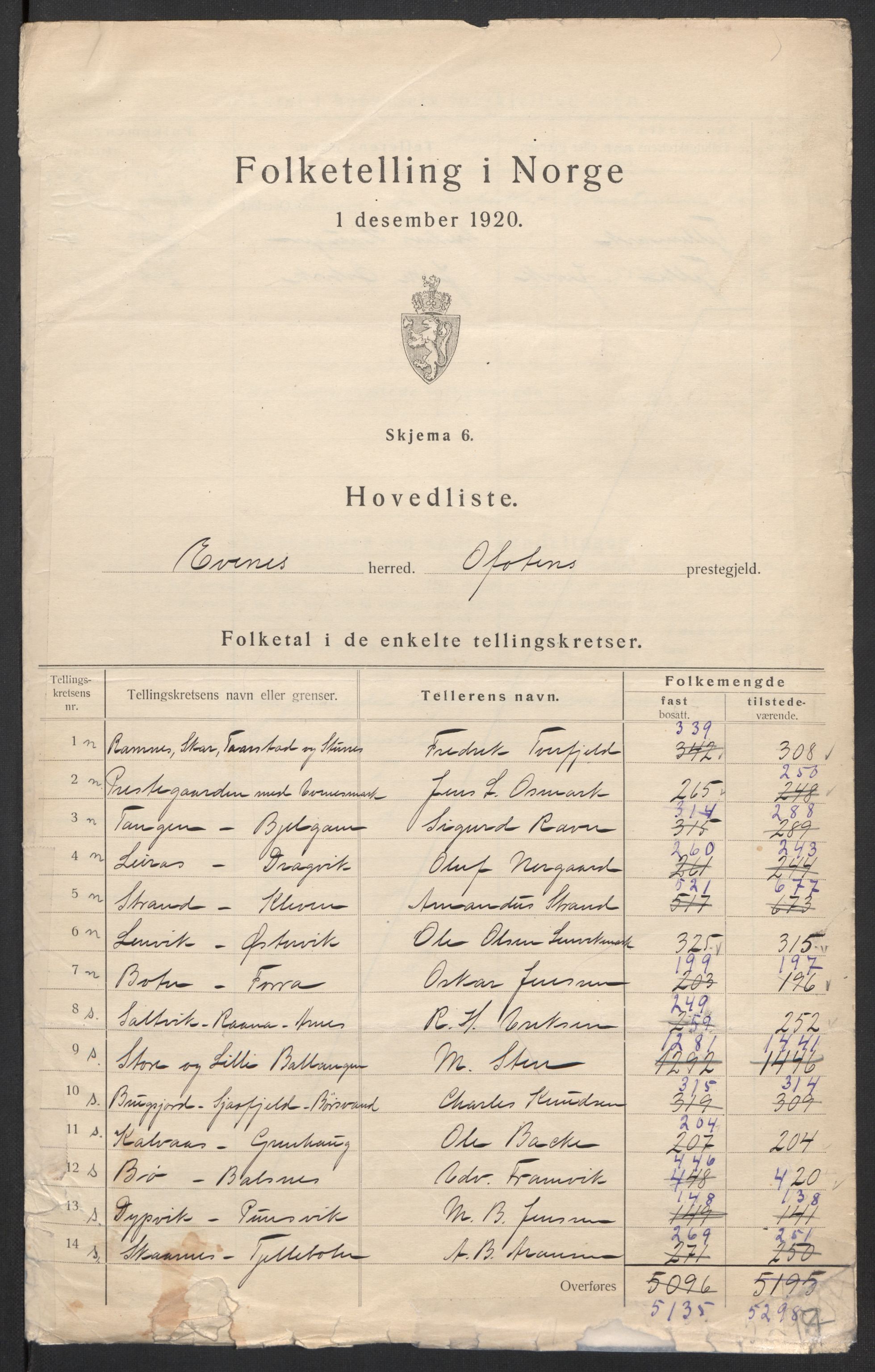 SAT, 1920 census for Evenes, 1920, p. 4