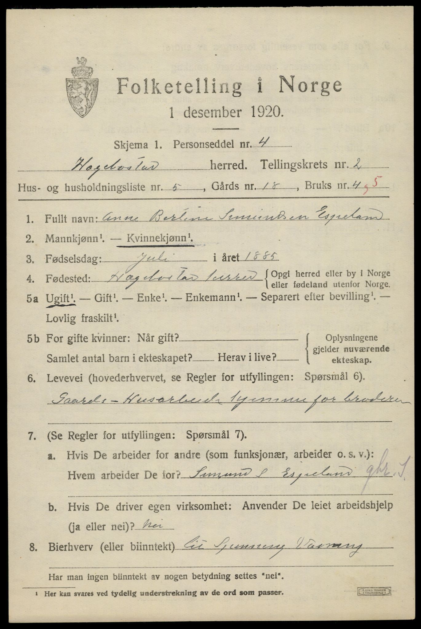 SAK, 1920 census for Hægebostad, 1920, p. 877