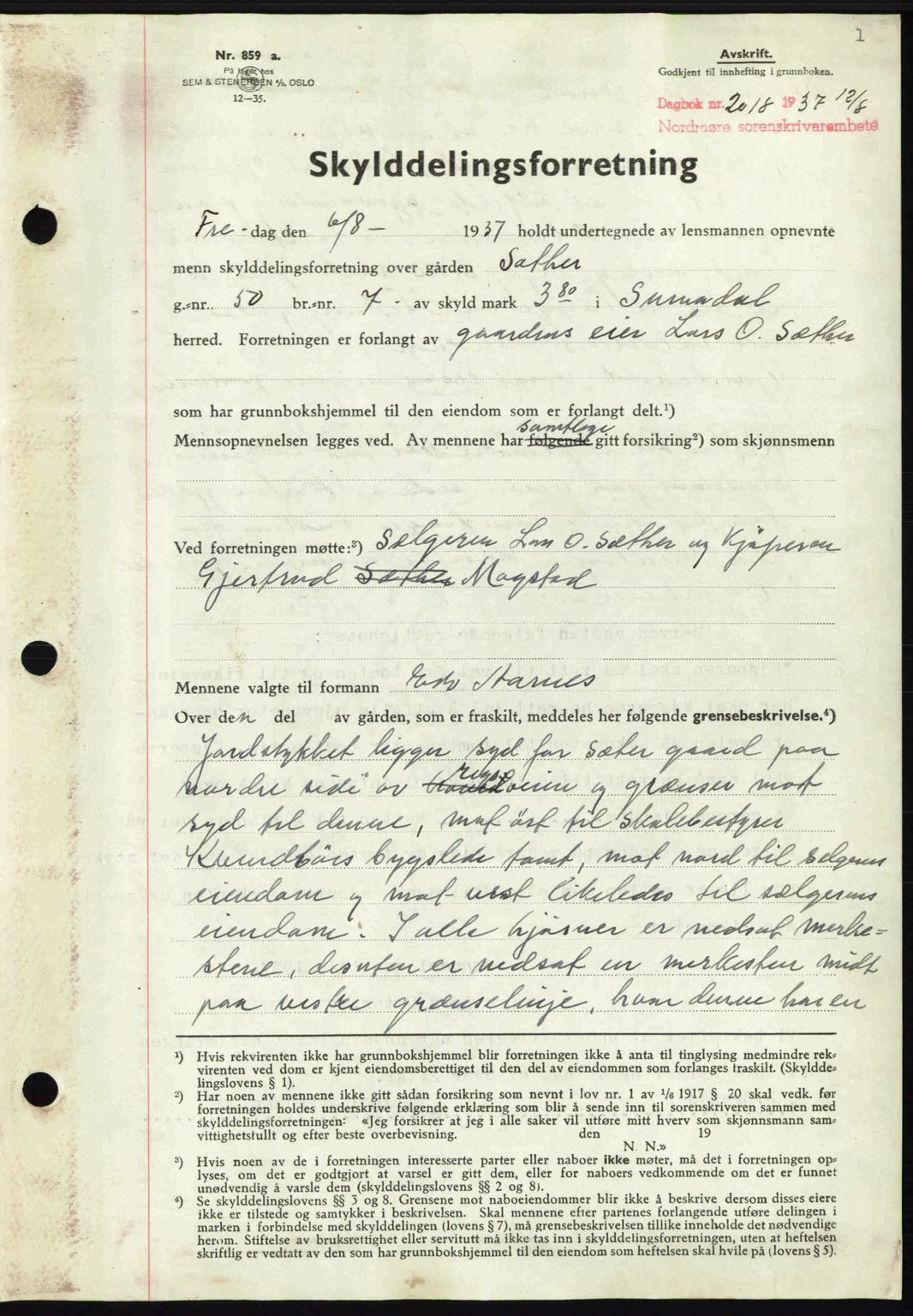 Nordmøre sorenskriveri, SAT/A-4132/1/2/2Ca: Mortgage book no. A82, 1937-1938, Diary no: : 2018/1937