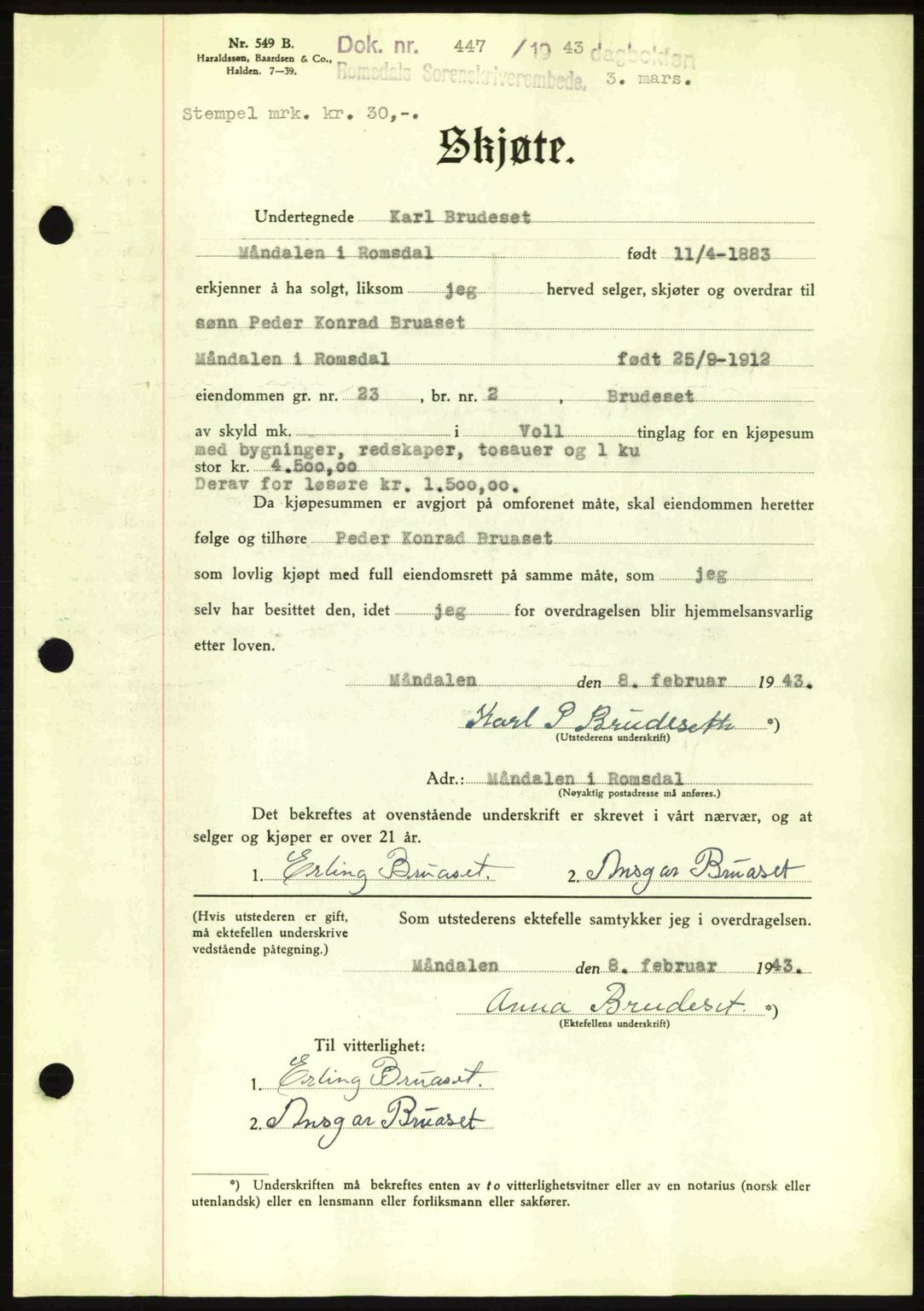 Romsdal sorenskriveri, AV/SAT-A-4149/1/2/2C: Mortgage book no. A14, 1943-1943, Diary no: : 447/1943