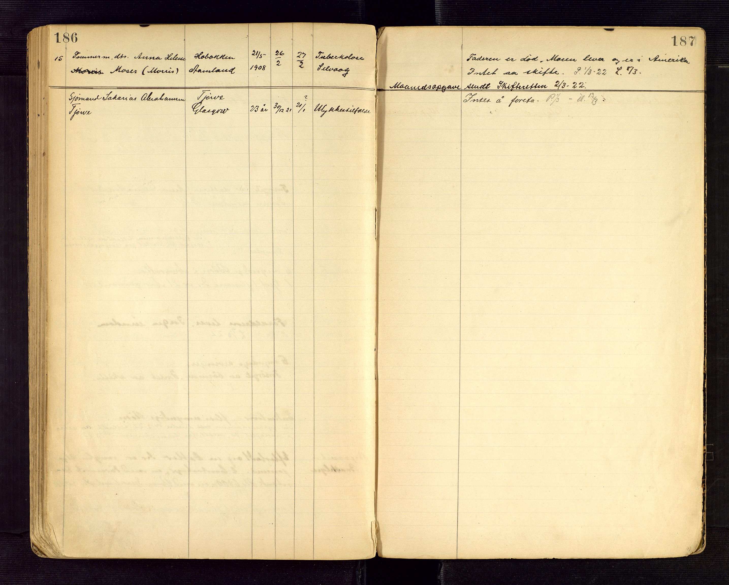 Lista lensmannskontor, AV/SAK-1241-0030/F/Fe/L0001/0002: Dødsfallsprotokoller nr 12 / Dødsfallsprotokoll, 1911-1922, p. 186-187