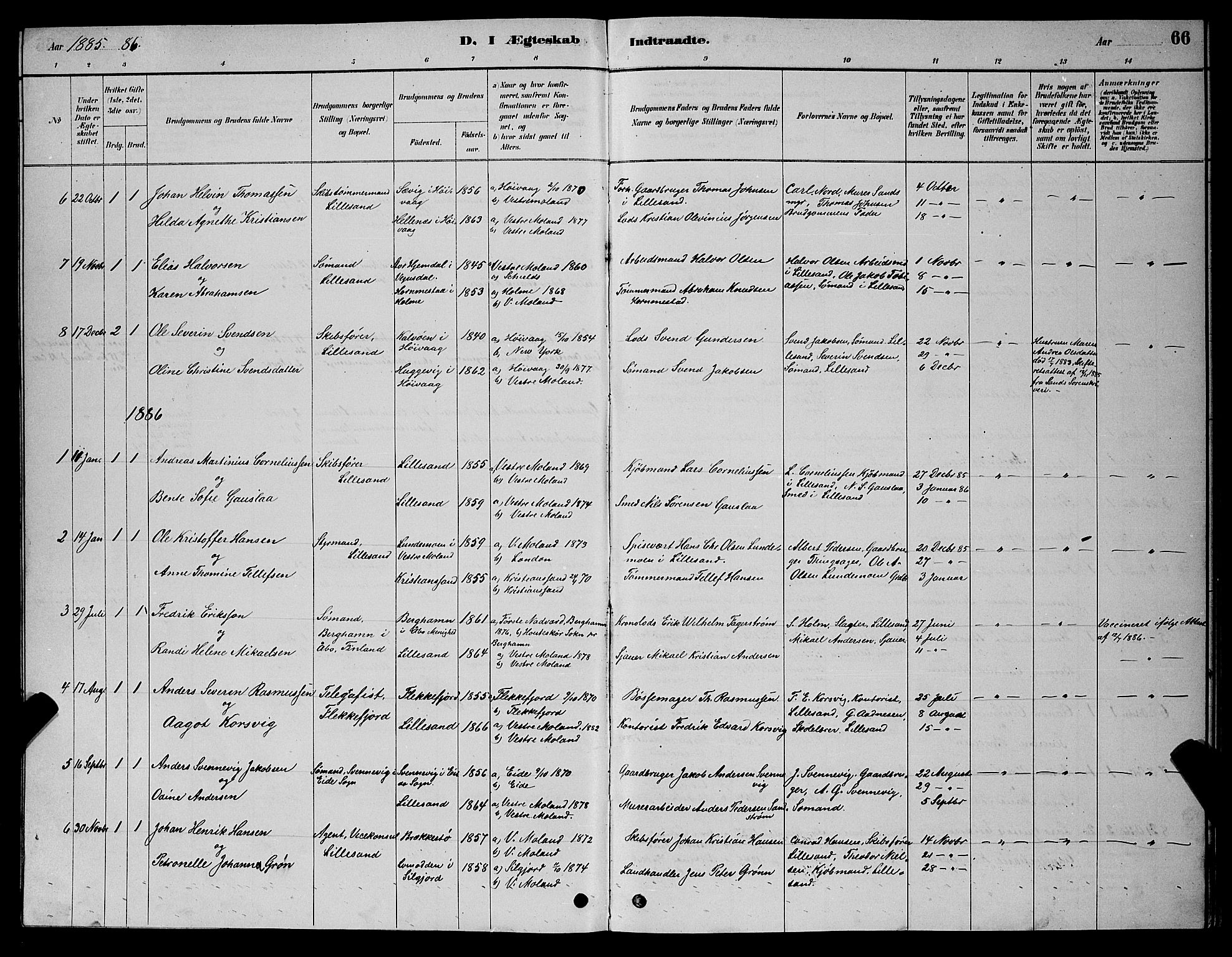 Vestre Moland sokneprestkontor, SAK/1111-0046/F/Fb/Fba/L0001: Parish register (copy) no. B 1, 1884-1903, p. 66