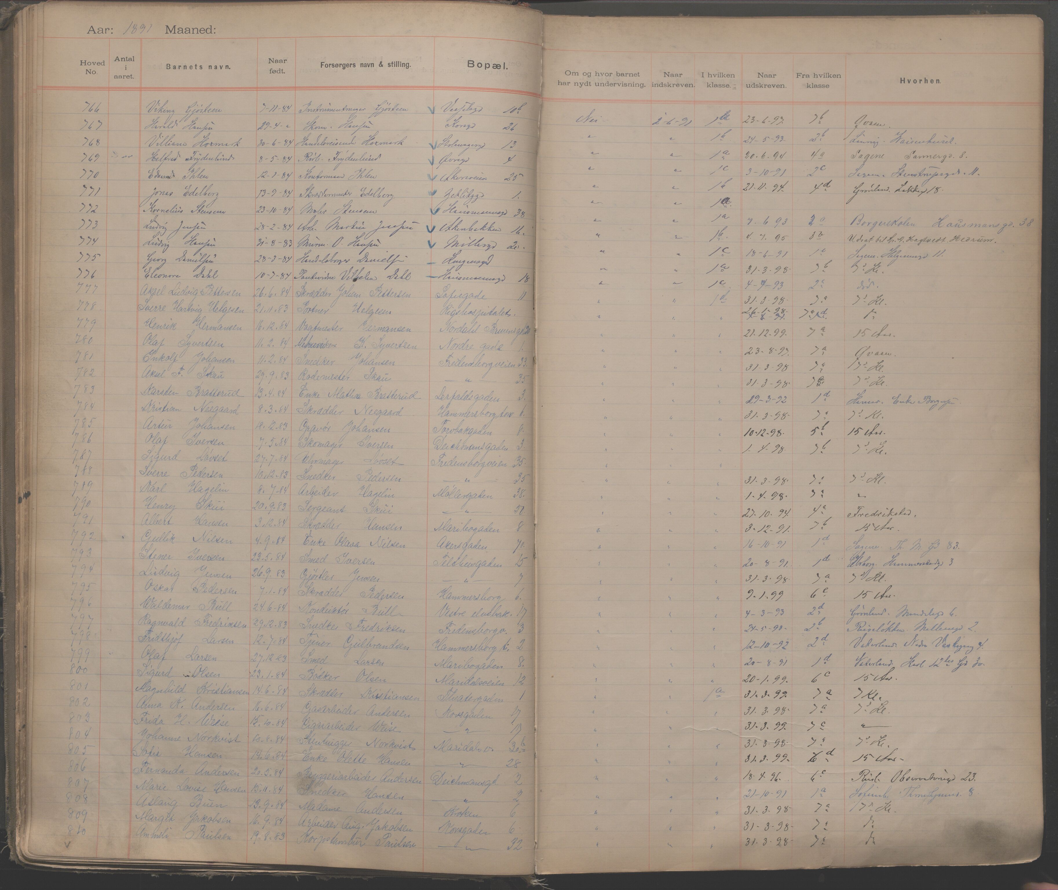 Møllergata skole, OBA/A-20129/F/Fa/L0001: Ut-/innskrivningsprotokoll, 1889-1907, p. 23