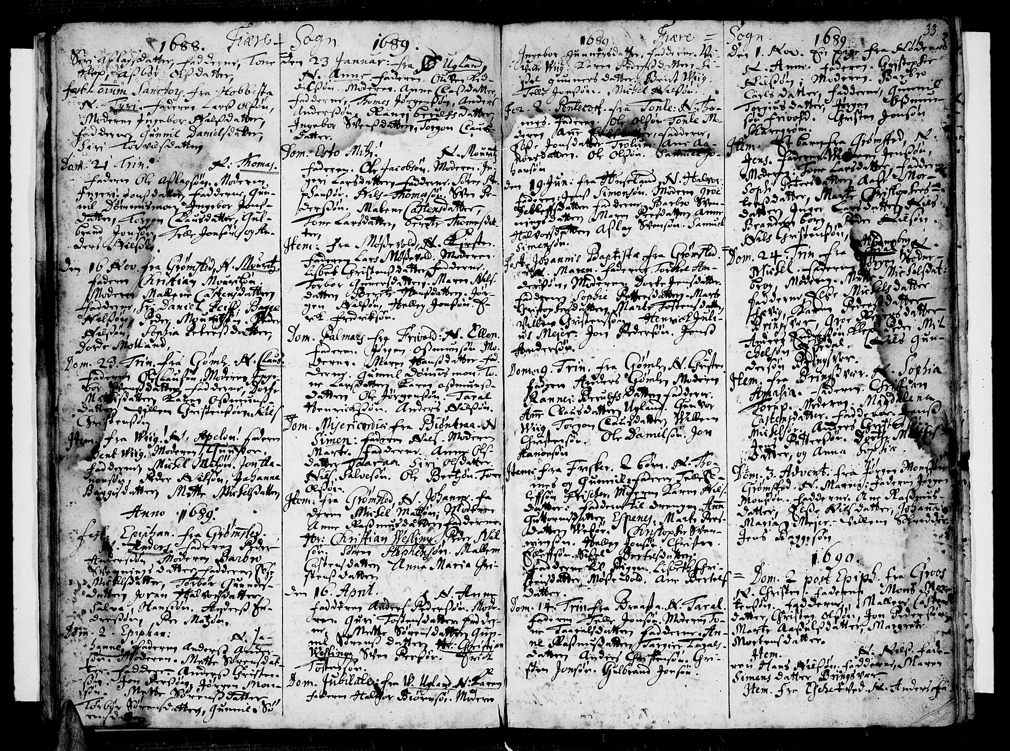 Øyestad sokneprestkontor, SAK/1111-0049/F/Fa/L0001: Parish register (official) no. A 1 /2, 1683-1695, p. 33