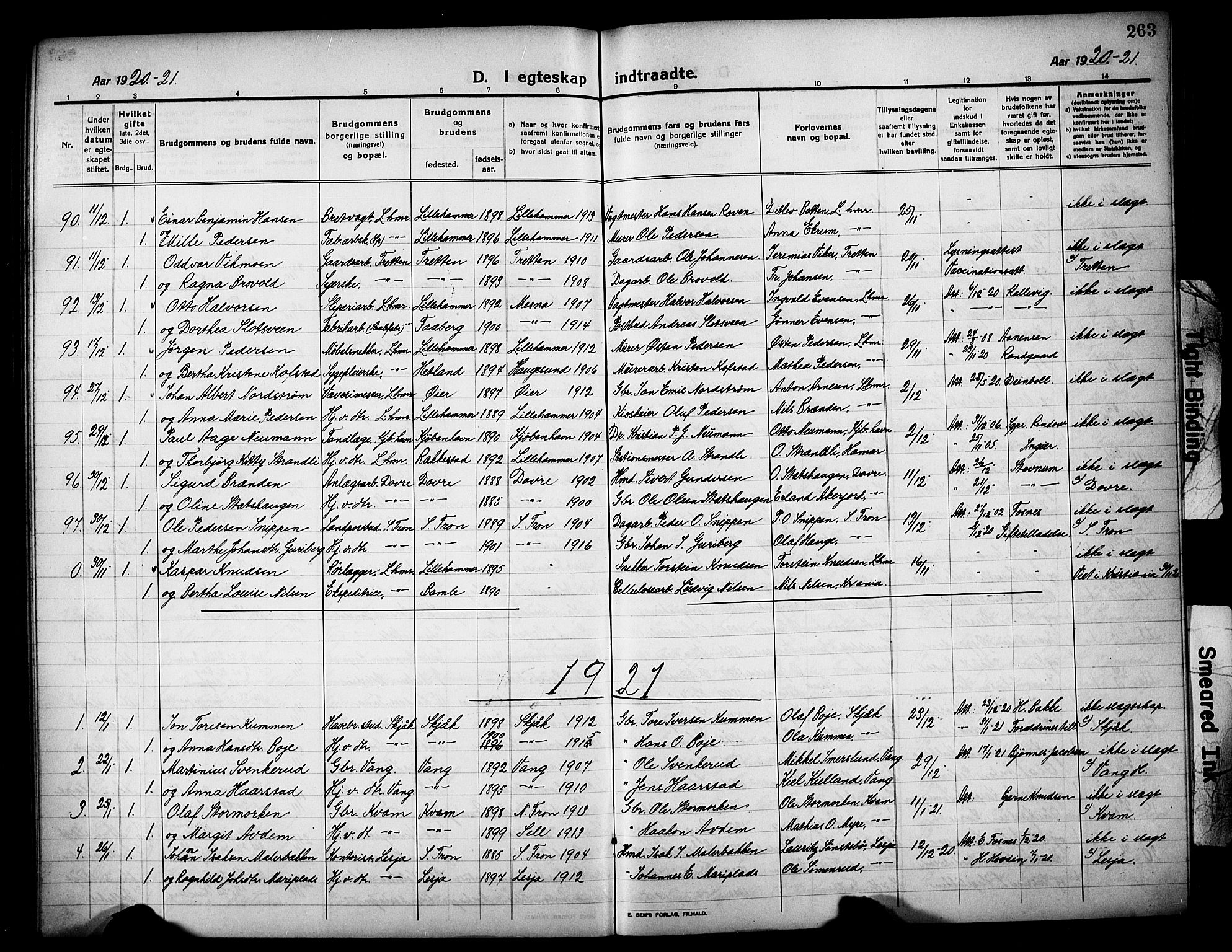 Lillehammer prestekontor, AV/SAH-PREST-088/H/Ha/Hab/L0002: Parish register (copy) no. 2, 1913-1929, p. 263
