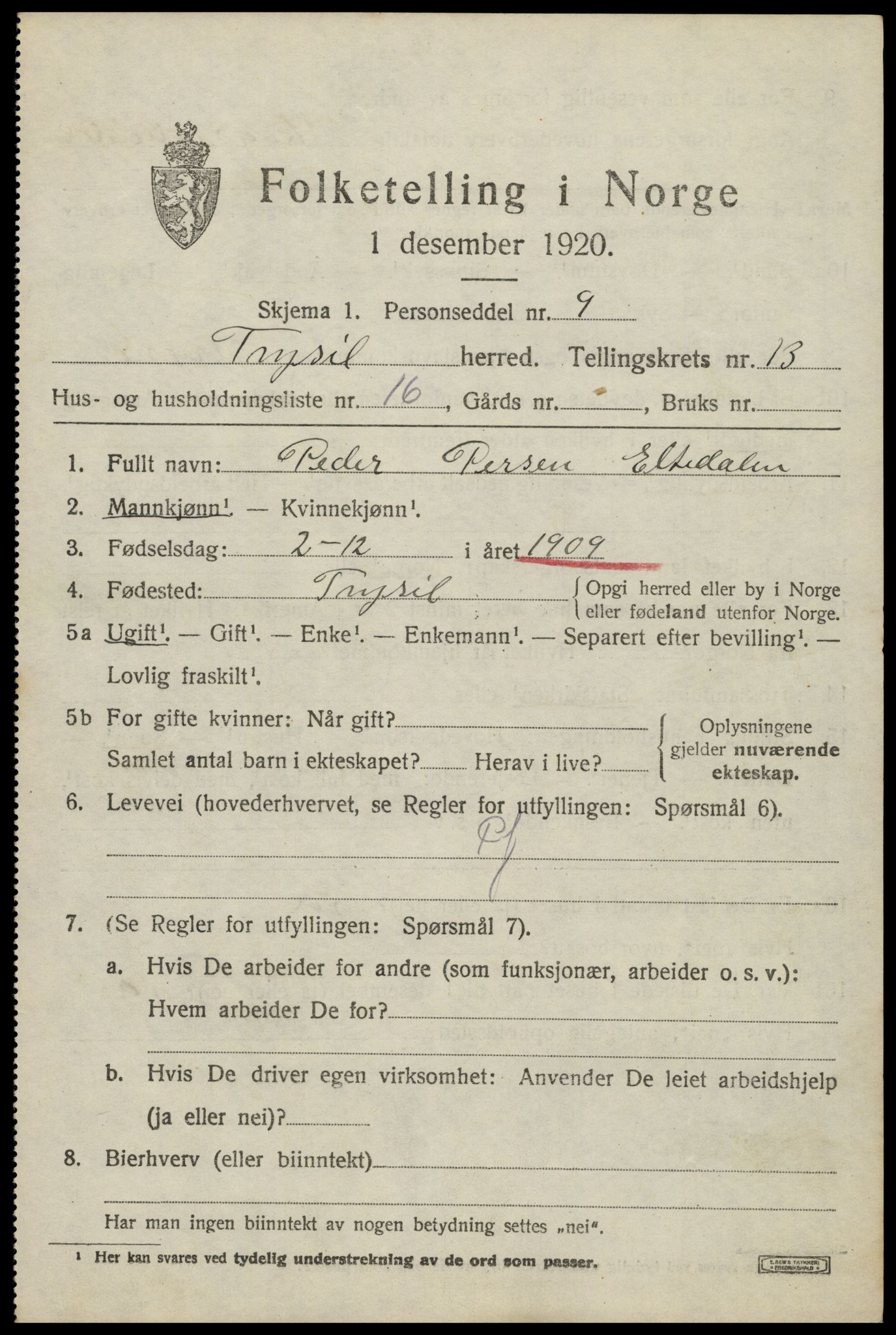 SAH, 1920 census for Trysil, 1920, p. 7857