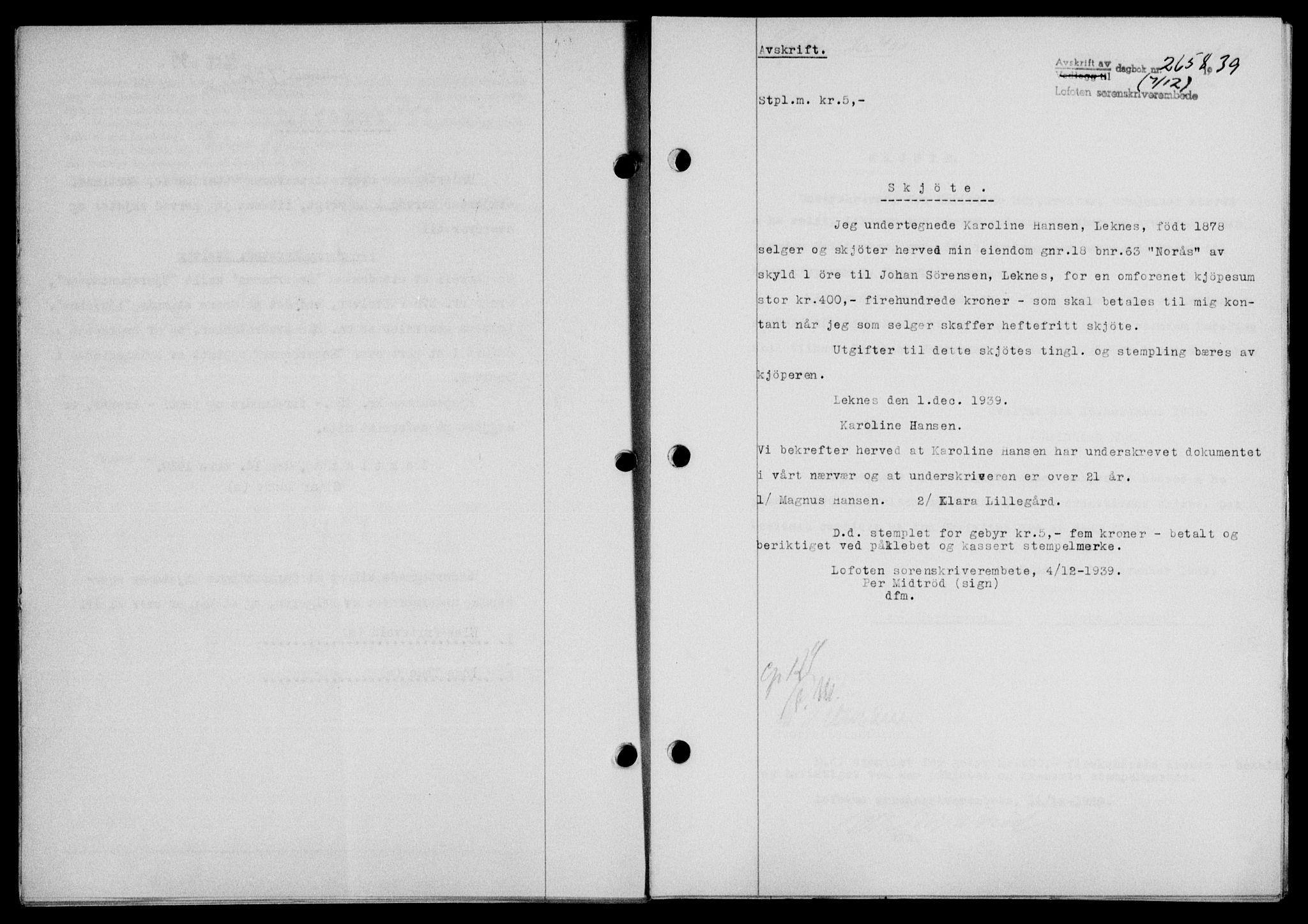 Lofoten sorenskriveri, SAT/A-0017/1/2/2C/L0007a: Mortgage book no. 7a, 1939-1940, Diary no: : 2658/1939