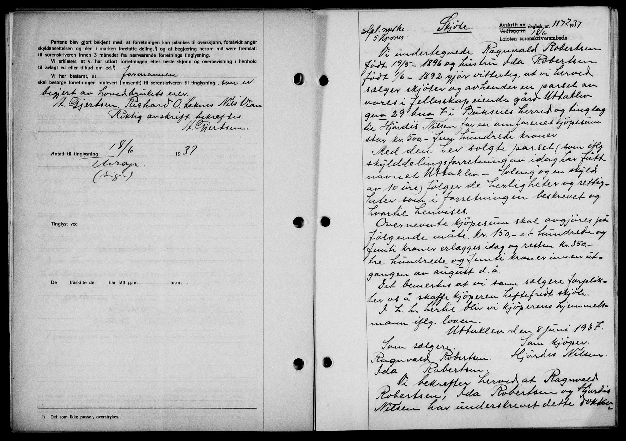 Lofoten sorenskriveri, SAT/A-0017/1/2/2C/L0002a: Mortgage book no. 2a, 1937-1937, Diary no: : 1172/1937