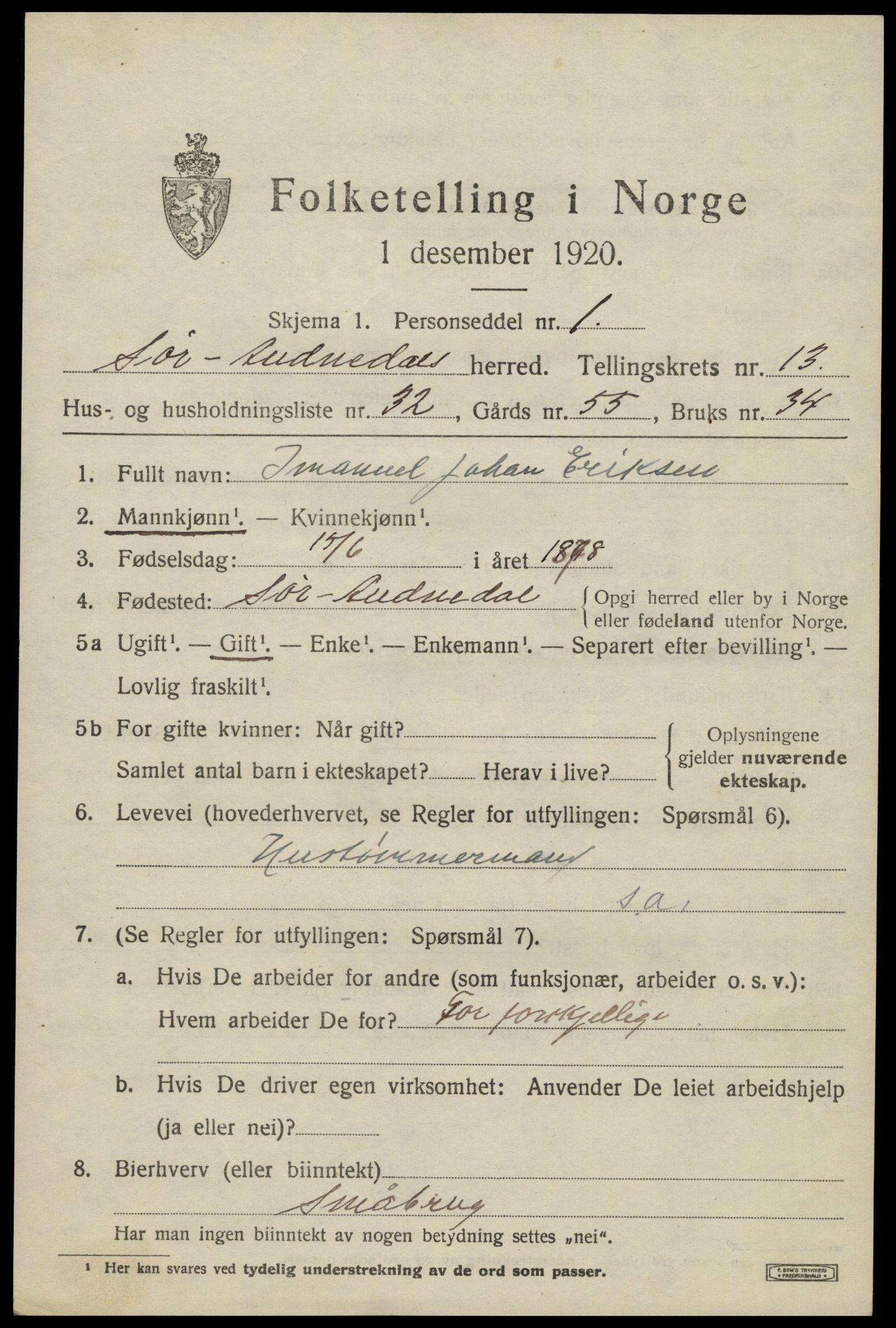 SAK, 1920 census for Sør-Audnedal, 1920, p. 5125