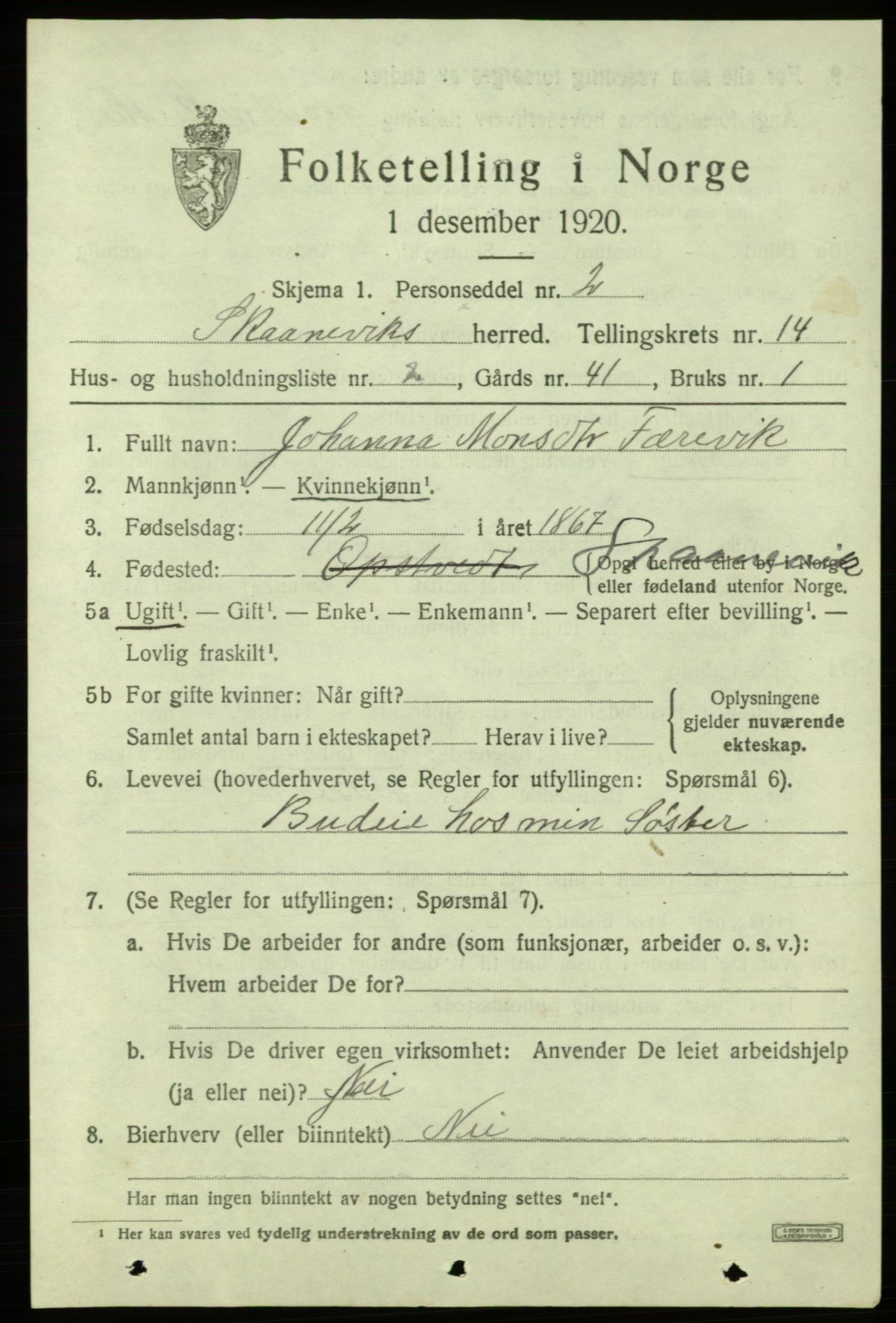 SAB, 1920 census for Skånevik, 1920, p. 6025