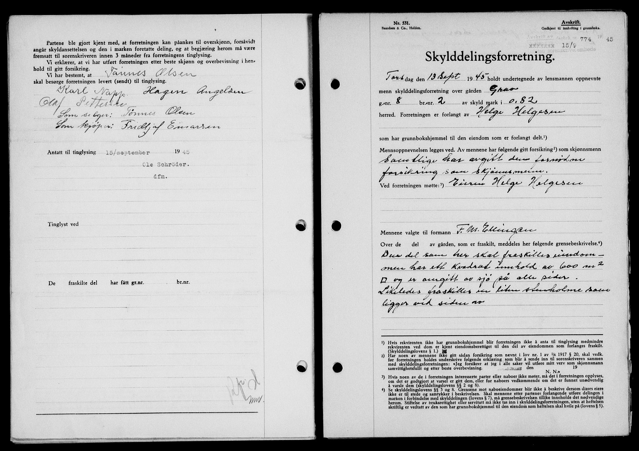 Lofoten sorenskriveri, SAT/A-0017/1/2/2C/L0013a: Mortgage book no. 13a, 1944-1946, Diary no: : 774/1945