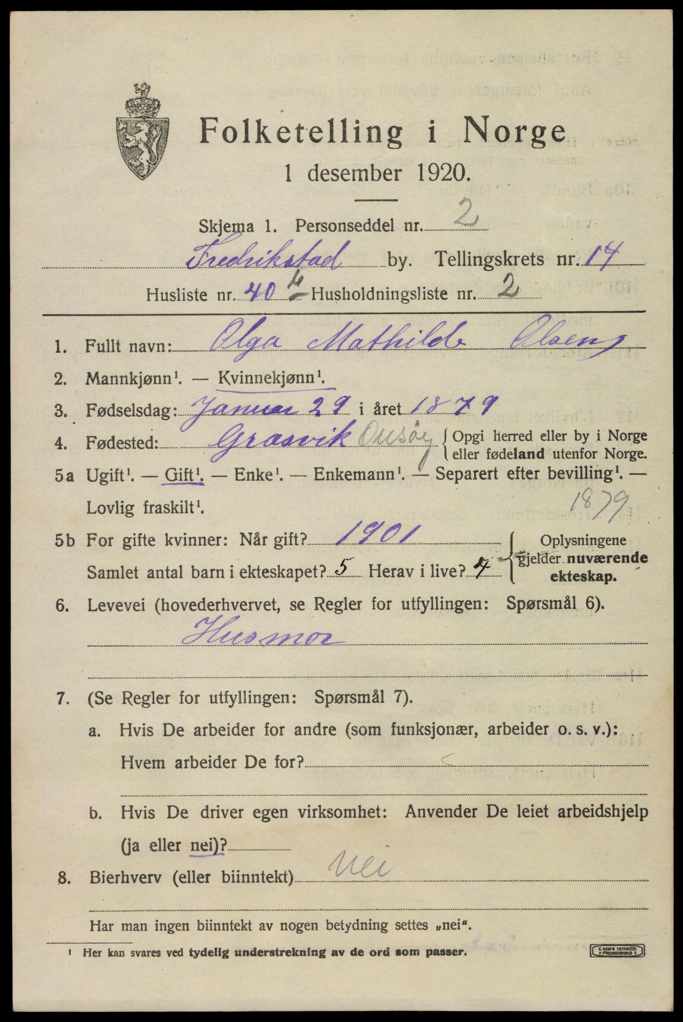 SAO, 1920 census for Fredrikstad, 1920, p. 34043