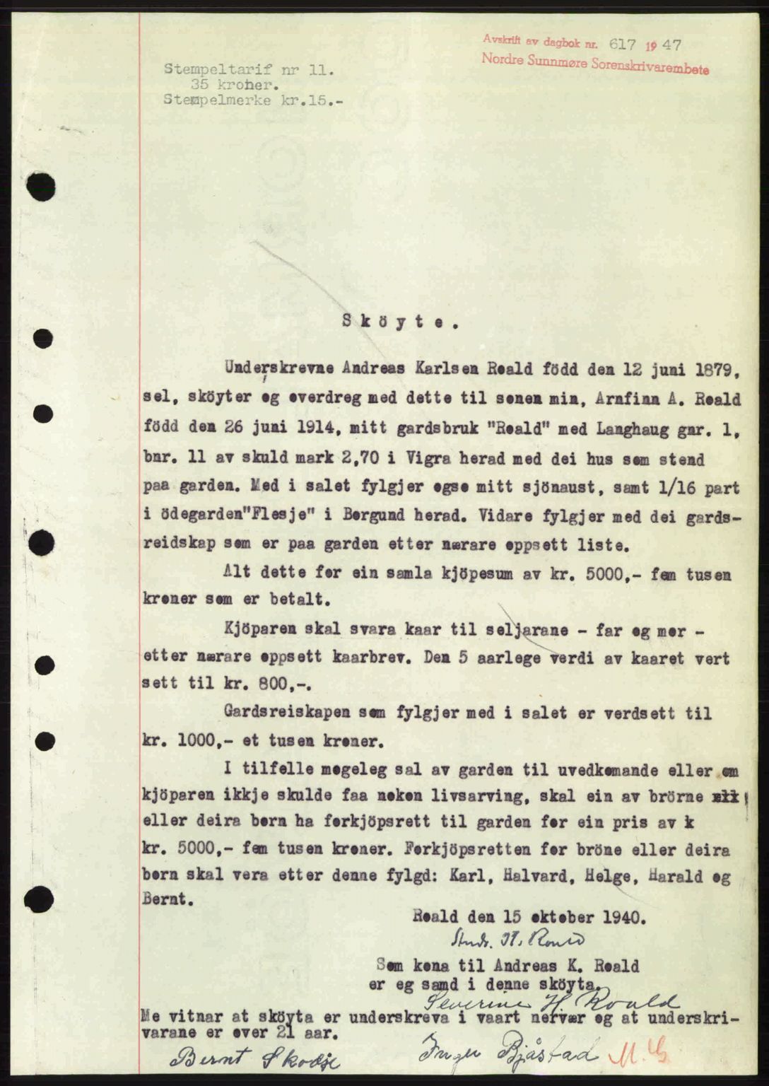 Nordre Sunnmøre sorenskriveri, AV/SAT-A-0006/1/2/2C/2Ca: Mortgage book no. A24, 1947-1947, Diary no: : 617/1947