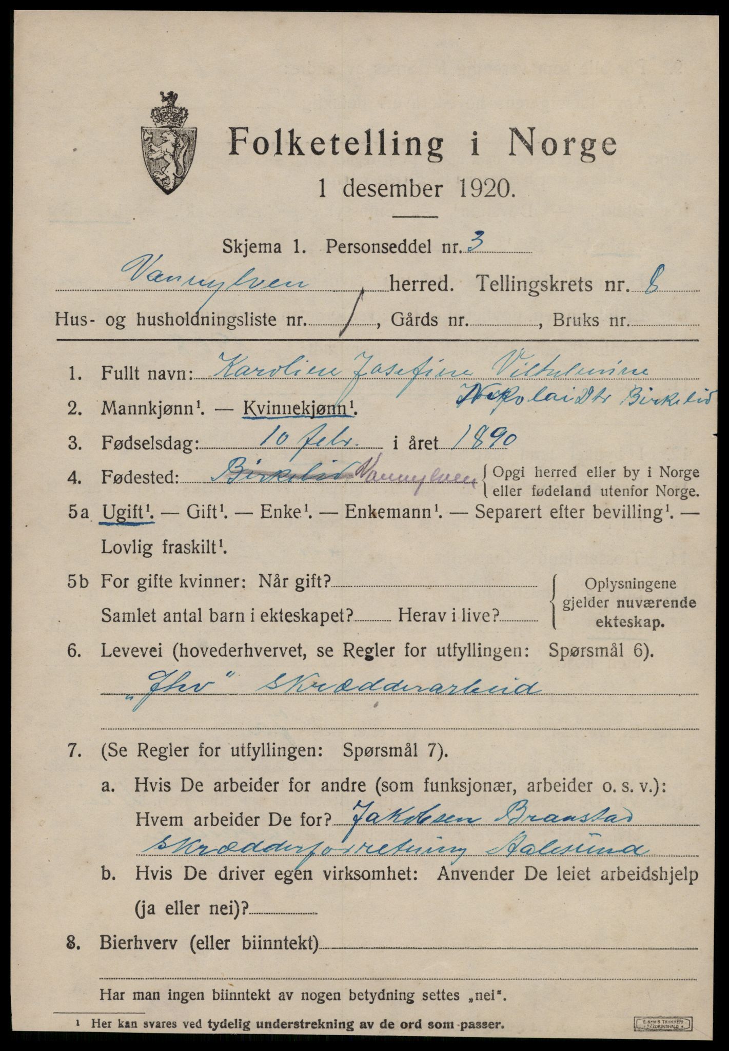 SAT, 1920 census for Vanylven, 1920, p. 4299