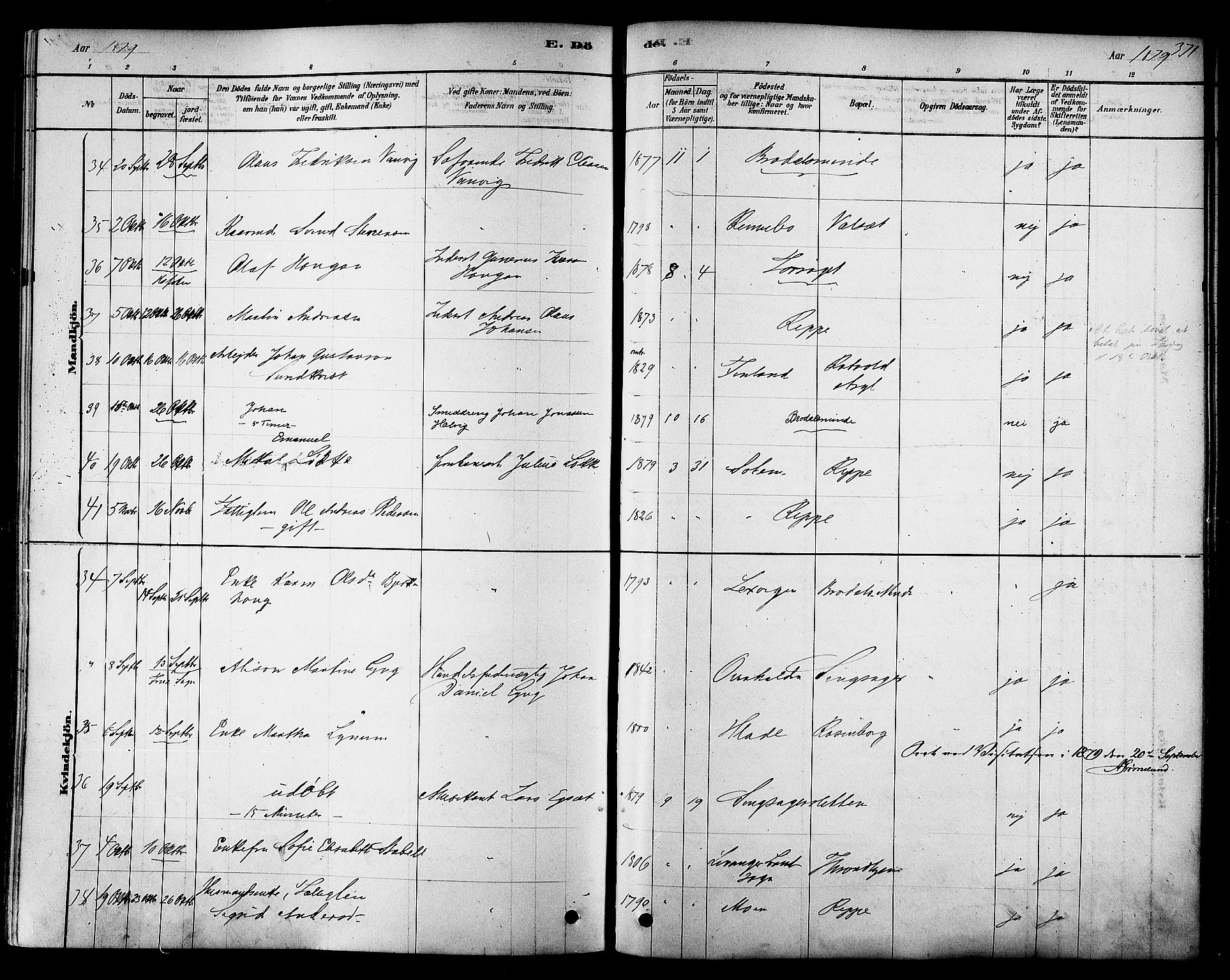 Ministerialprotokoller, klokkerbøker og fødselsregistre - Sør-Trøndelag, AV/SAT-A-1456/606/L0294: Parish register (official) no. 606A09, 1878-1886, p. 371