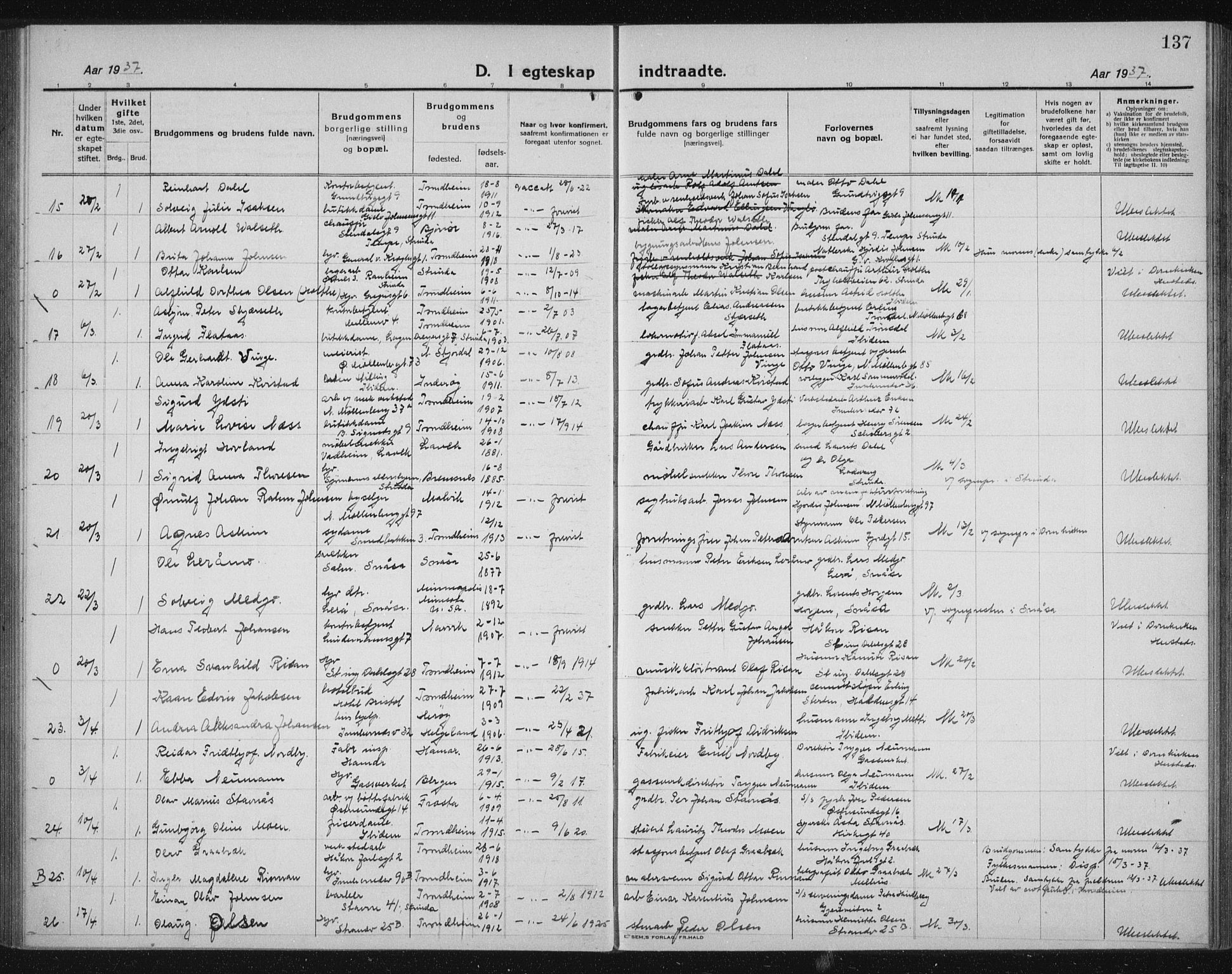 Ministerialprotokoller, klokkerbøker og fødselsregistre - Sør-Trøndelag, AV/SAT-A-1456/605/L0260: Parish register (copy) no. 605C07, 1922-1942, p. 137