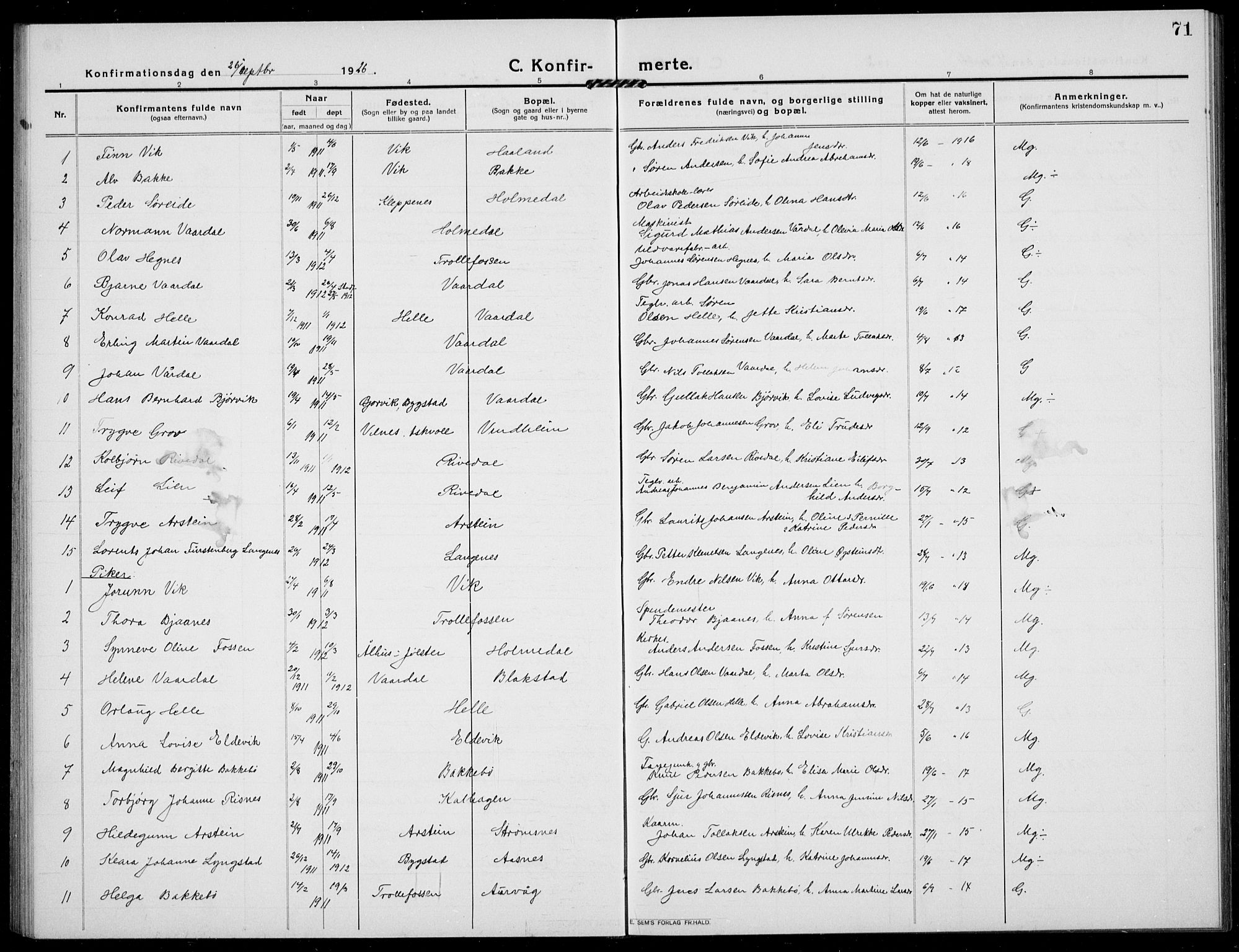 Fjaler sokneprestembete, AV/SAB-A-79801/H/Hab/Habb/L0003: Parish register (copy) no. B 3, 1913-1940, p. 71