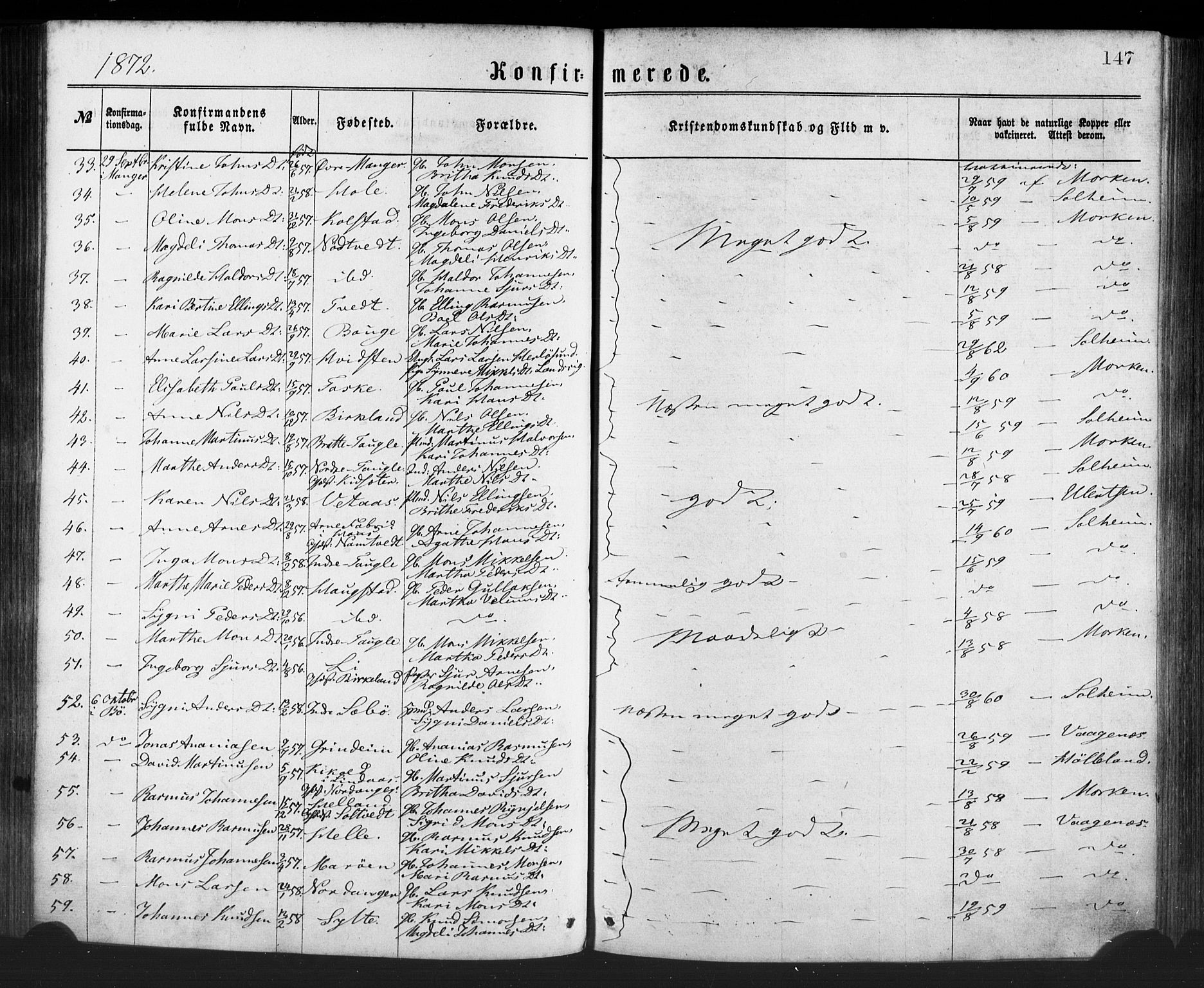 Manger sokneprestembete, AV/SAB-A-76801/H/Haa: Parish register (official) no. A 8, 1871-1880, p. 147