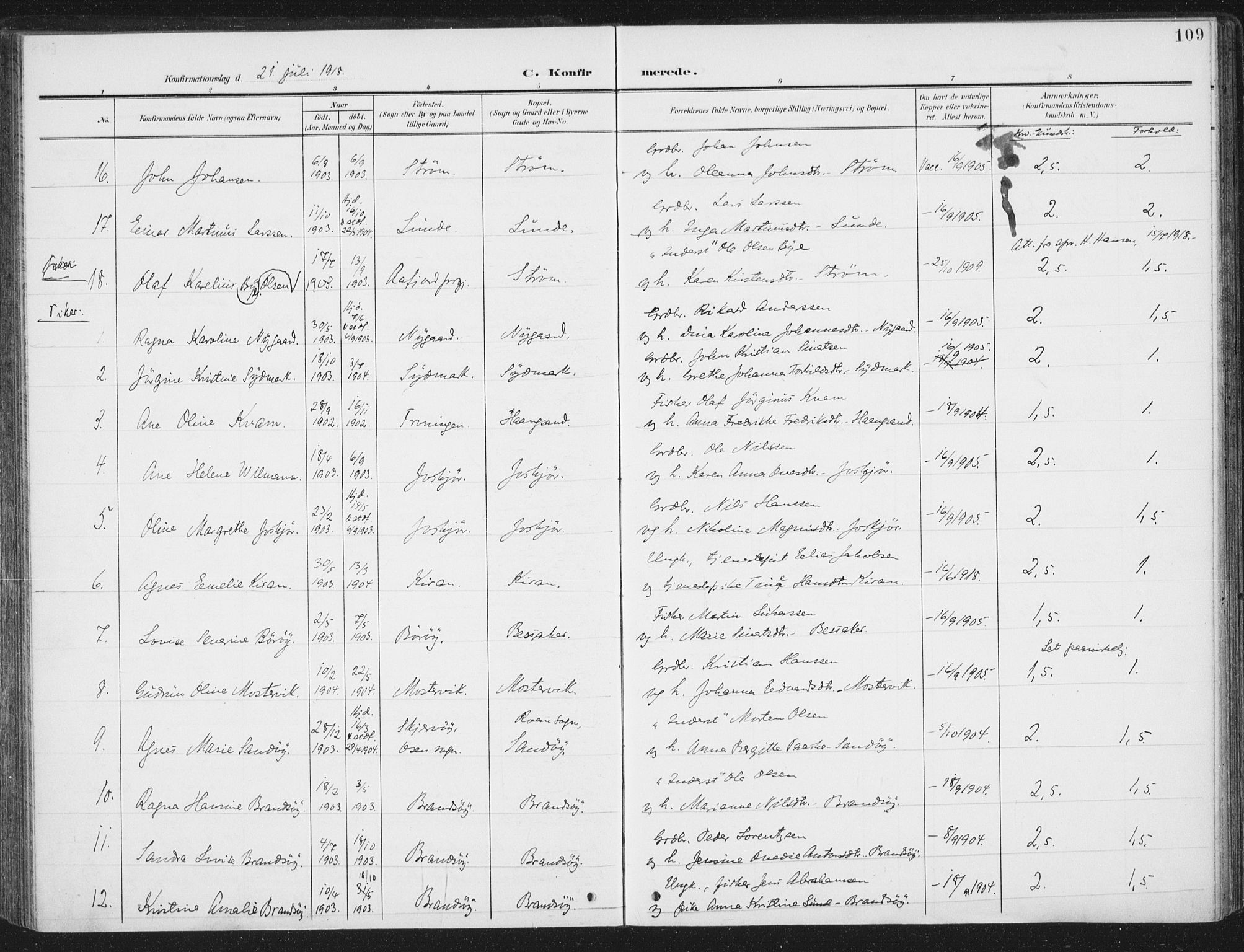 Ministerialprotokoller, klokkerbøker og fødselsregistre - Sør-Trøndelag, SAT/A-1456/657/L0709: Parish register (official) no. 657A10, 1905-1919, p. 109