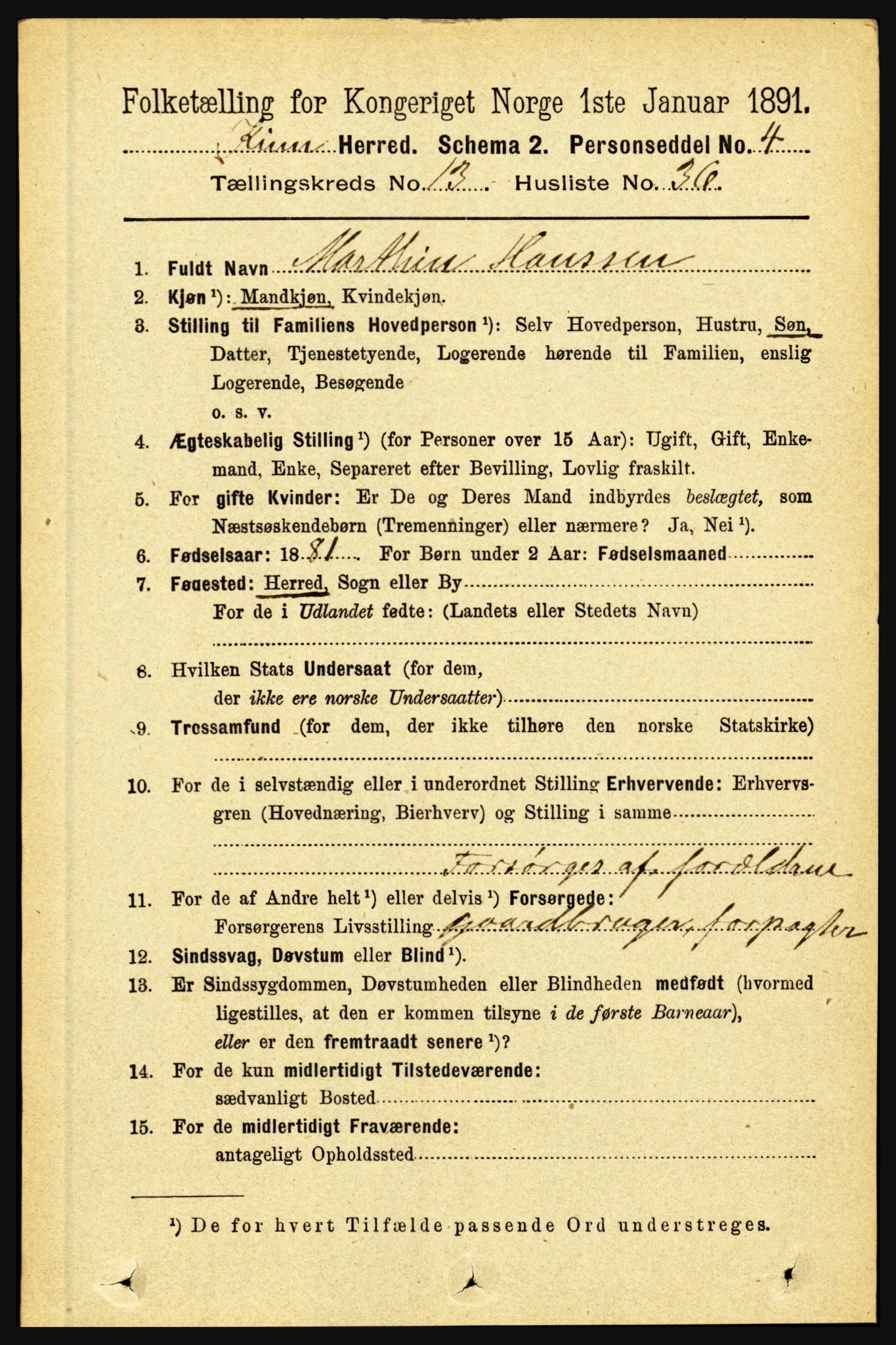 RA, 1891 census for 1437 Kinn, 1891, p. 5305