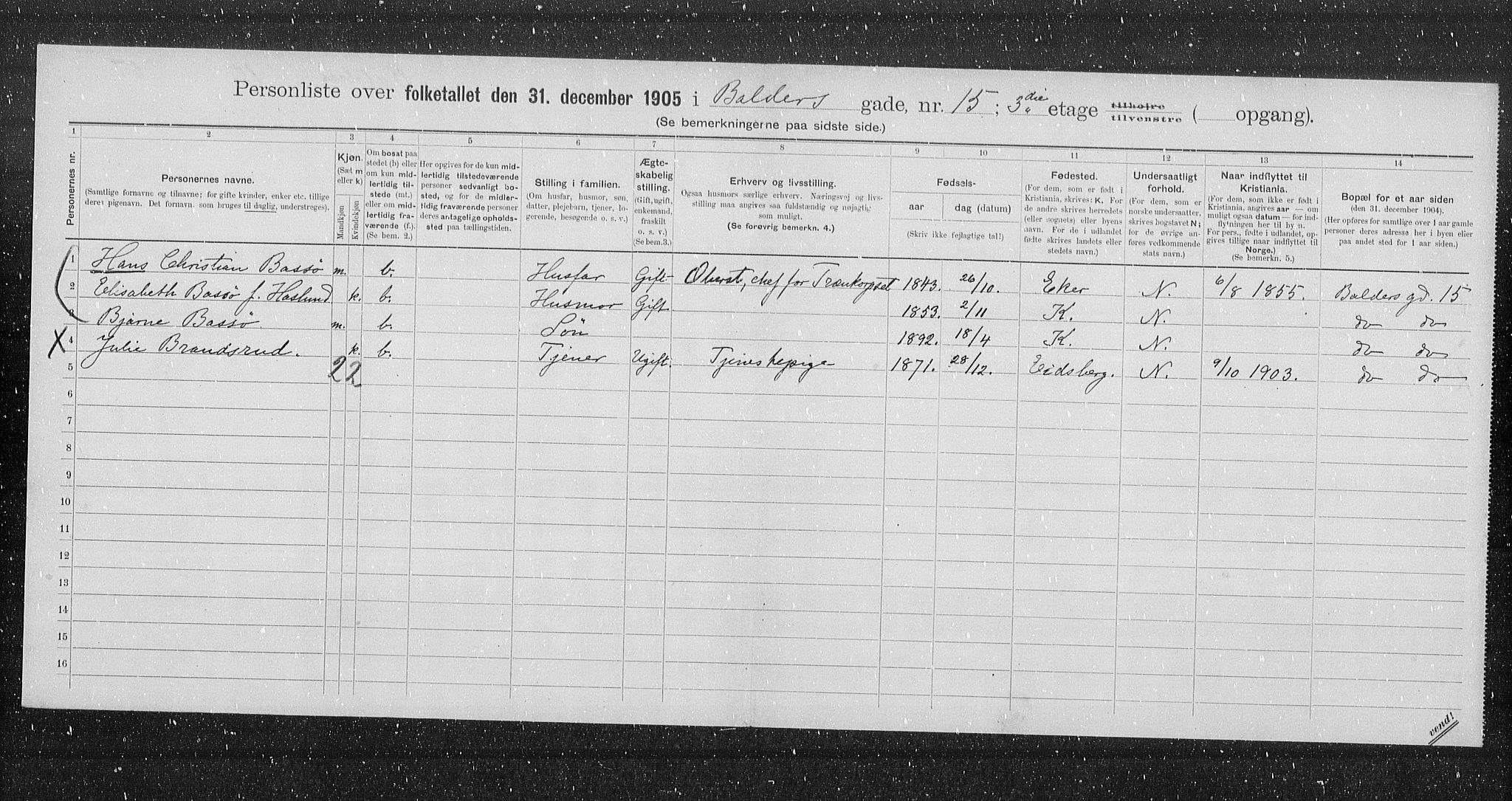 OBA, Municipal Census 1905 for Kristiania, 1905, p. 1695