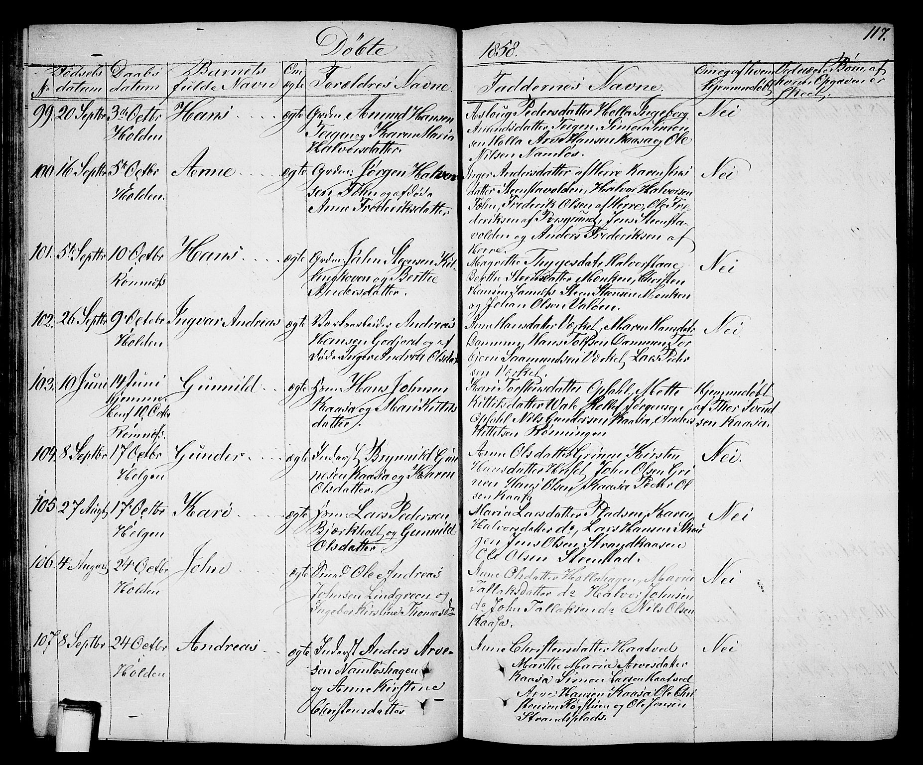 Holla kirkebøker, SAKO/A-272/G/Ga/L0003: Parish register (copy) no. I 3, 1849-1866, p. 117