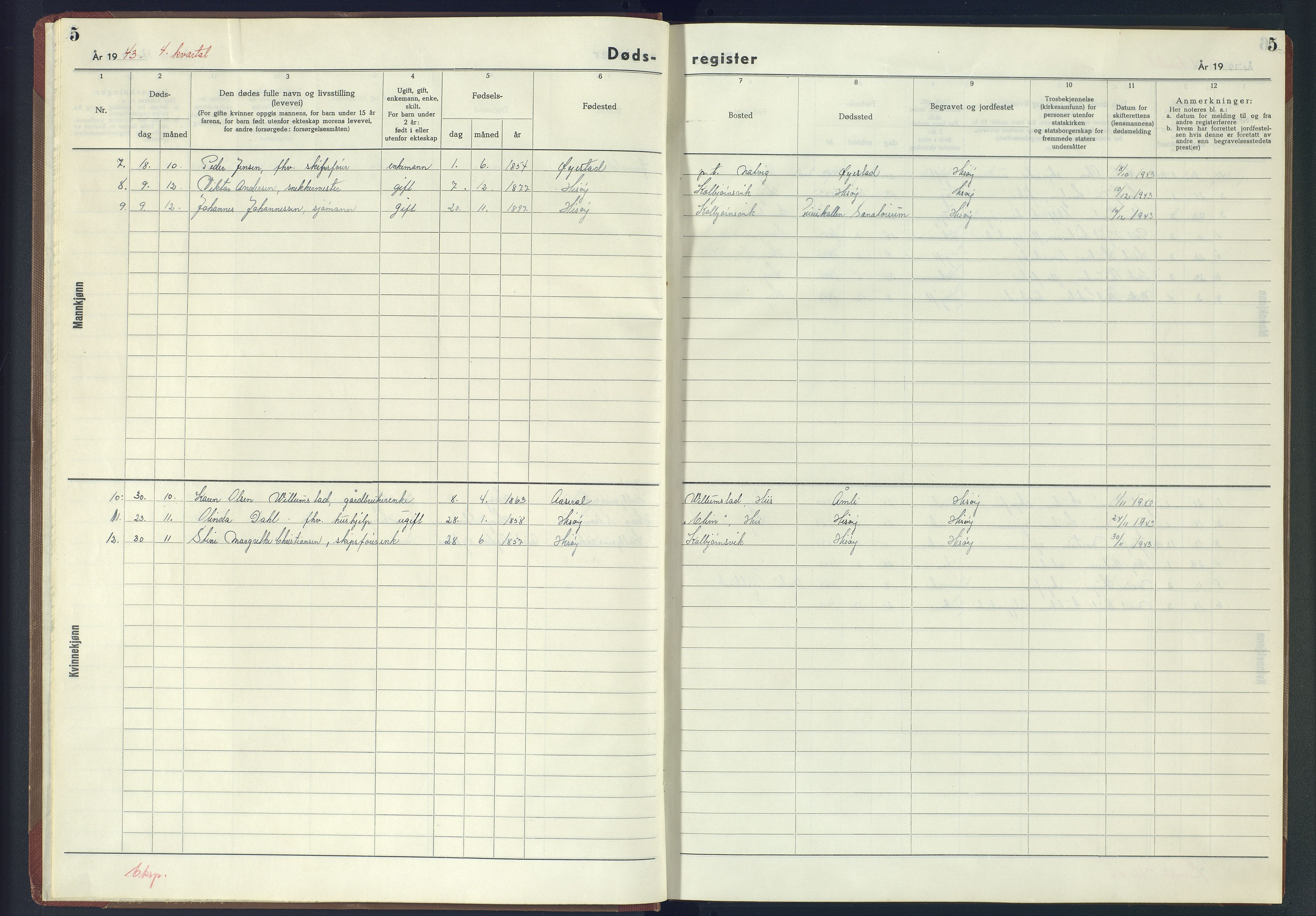 Hisøy sokneprestkontor, AV/SAK-1111-0020/J/Jb/L0003: A-VI-6 - Dødsfallsregister, 1942-1945, p. 5