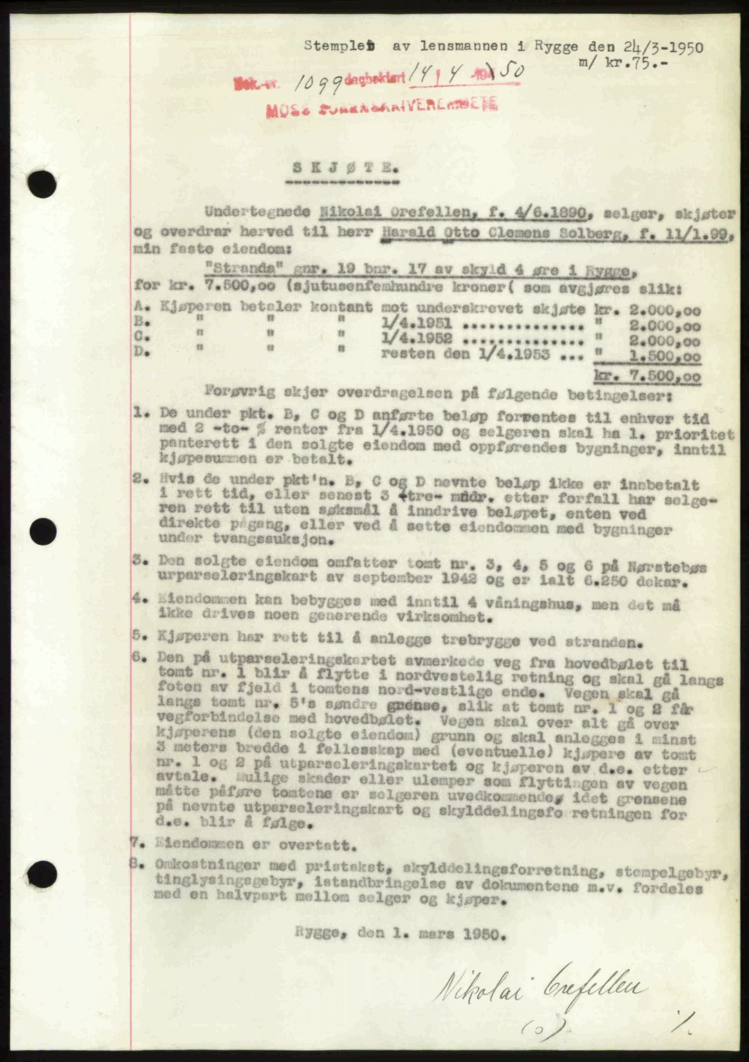Moss sorenskriveri, SAO/A-10168: Mortgage book no. A25, 1950-1950, Diary no: : 1099/1950
